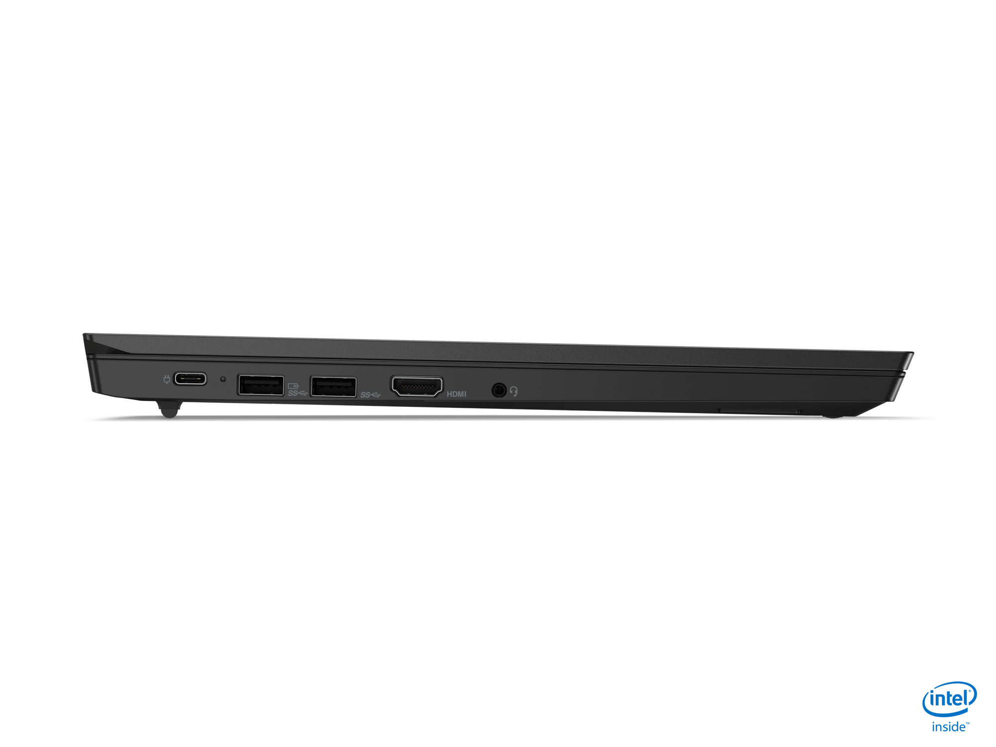 Schwarzer Laptop Seitenansicht, zeigt Anschlüsse und Intel Inside Logo.