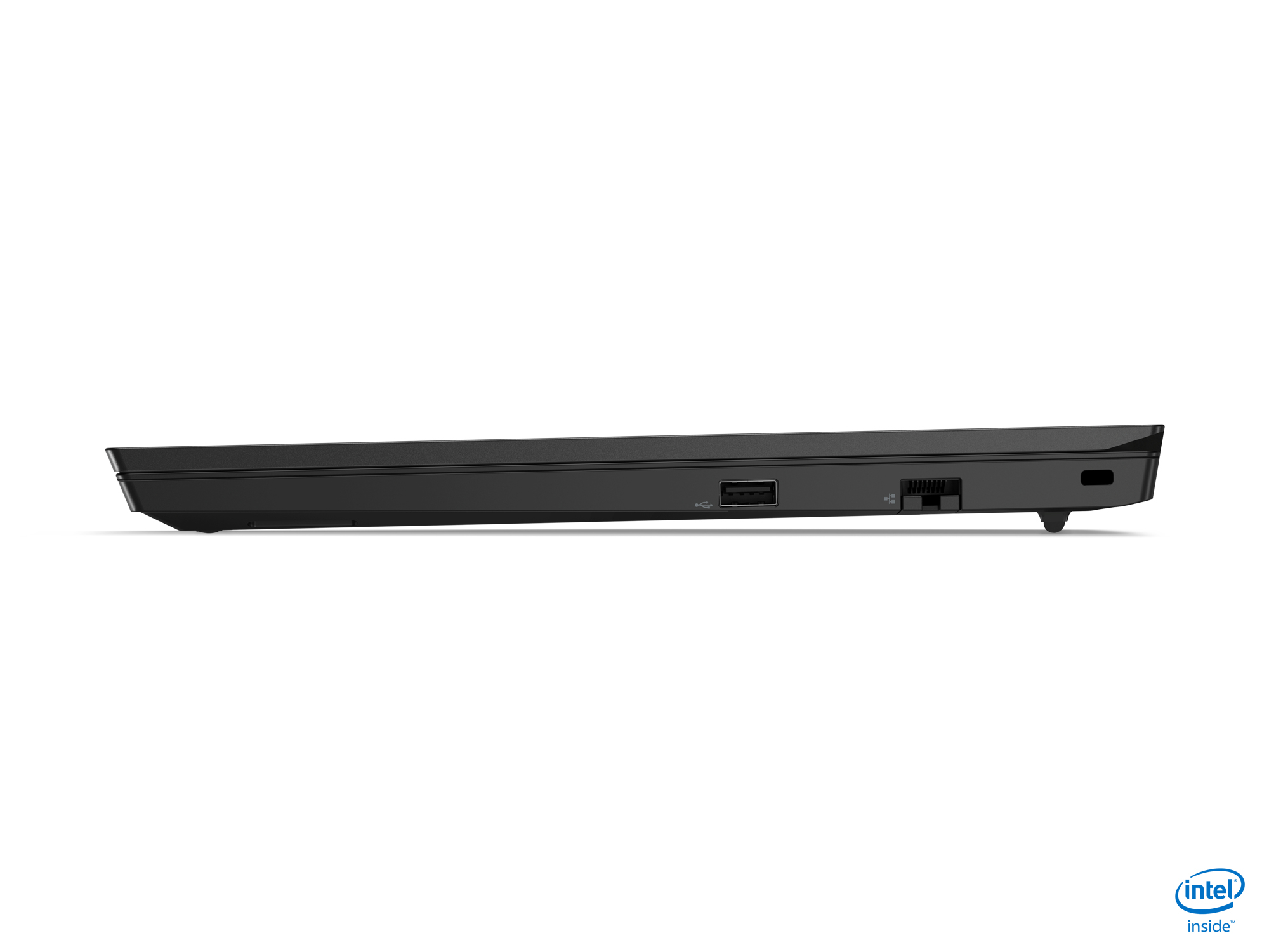 Schwarzer Laptop Seitenansicht, zeigt Anschlüsse und das Intel Inside-Logo auf weißem Grund.