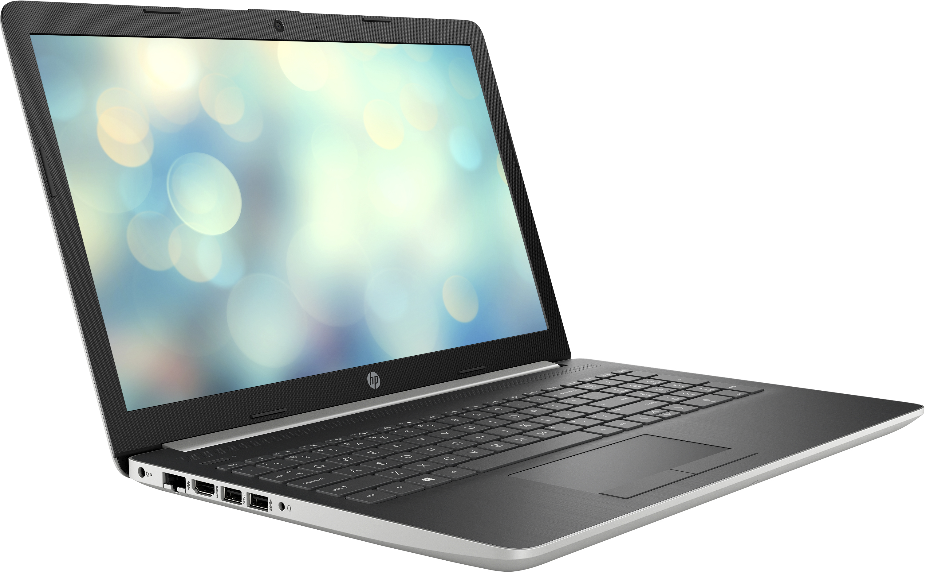 HP-Laptop, geöffnet. Bokeh-Hintergrund auf dem Bildschirm. Silber- und Schwarzfarben.