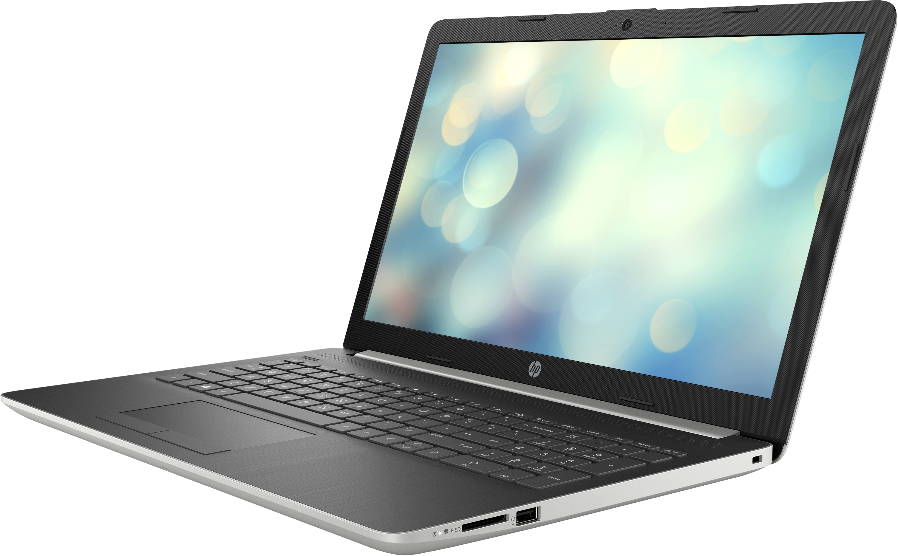 Silberner Laptop, offen. Bildschirm zeigt Bokeh-Hintergrund. Silbernes Gehäuse, schwarzer Rahmen, HP-Logo.