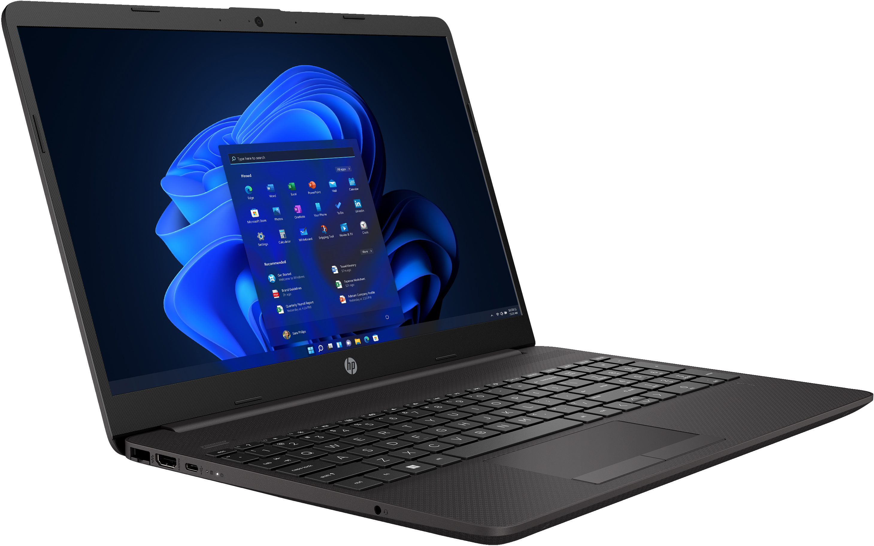 Un portátil negro abierto que muestra la interfaz de Windows. El teclado y el panel táctil son visibles.