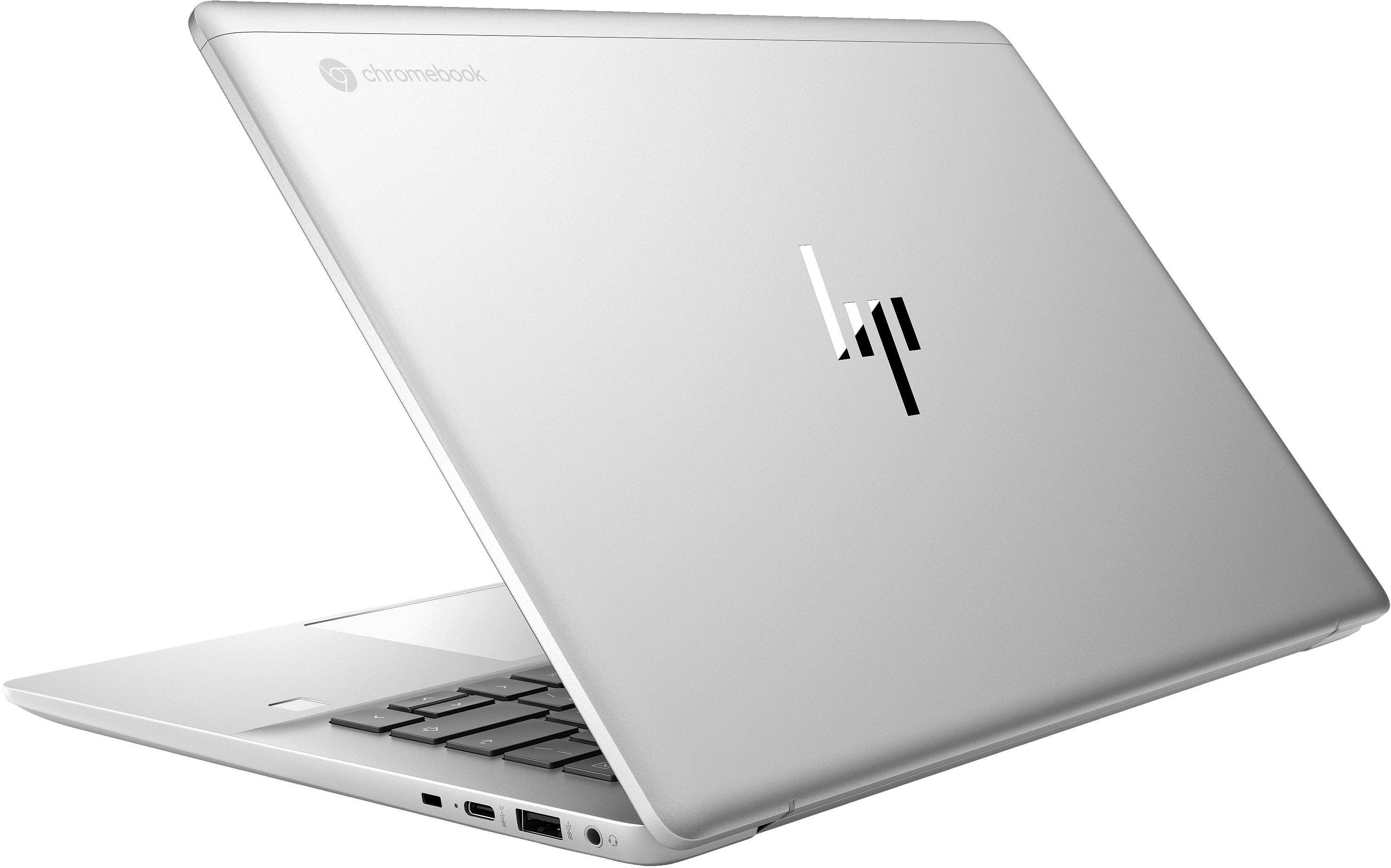 Srebrny laptop HP Chromebook, widok z tyłu. Logo HP jest widoczne.