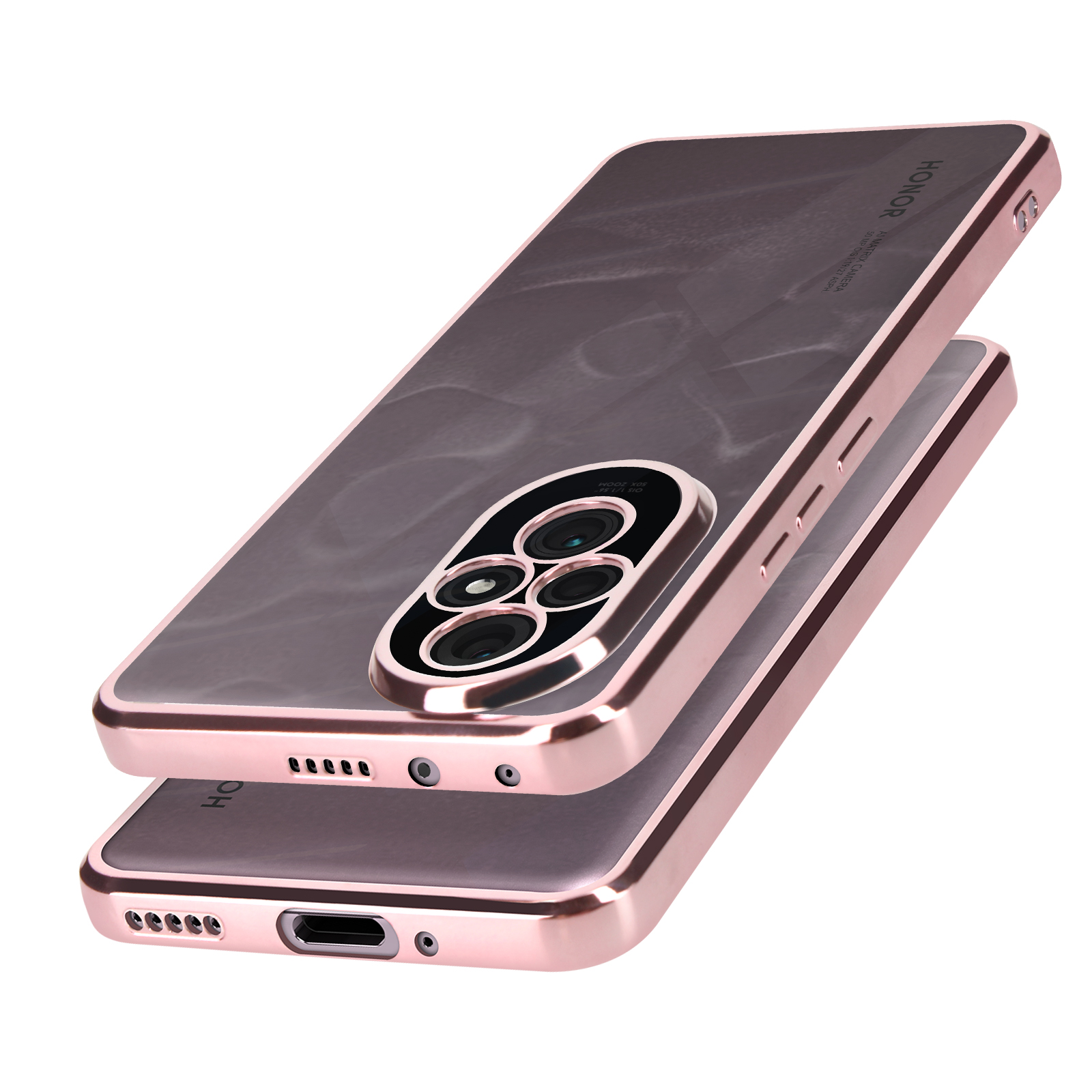 Custodia per telefono, cornice oro rosa con design marmorizzato. Sfondo chiaro.