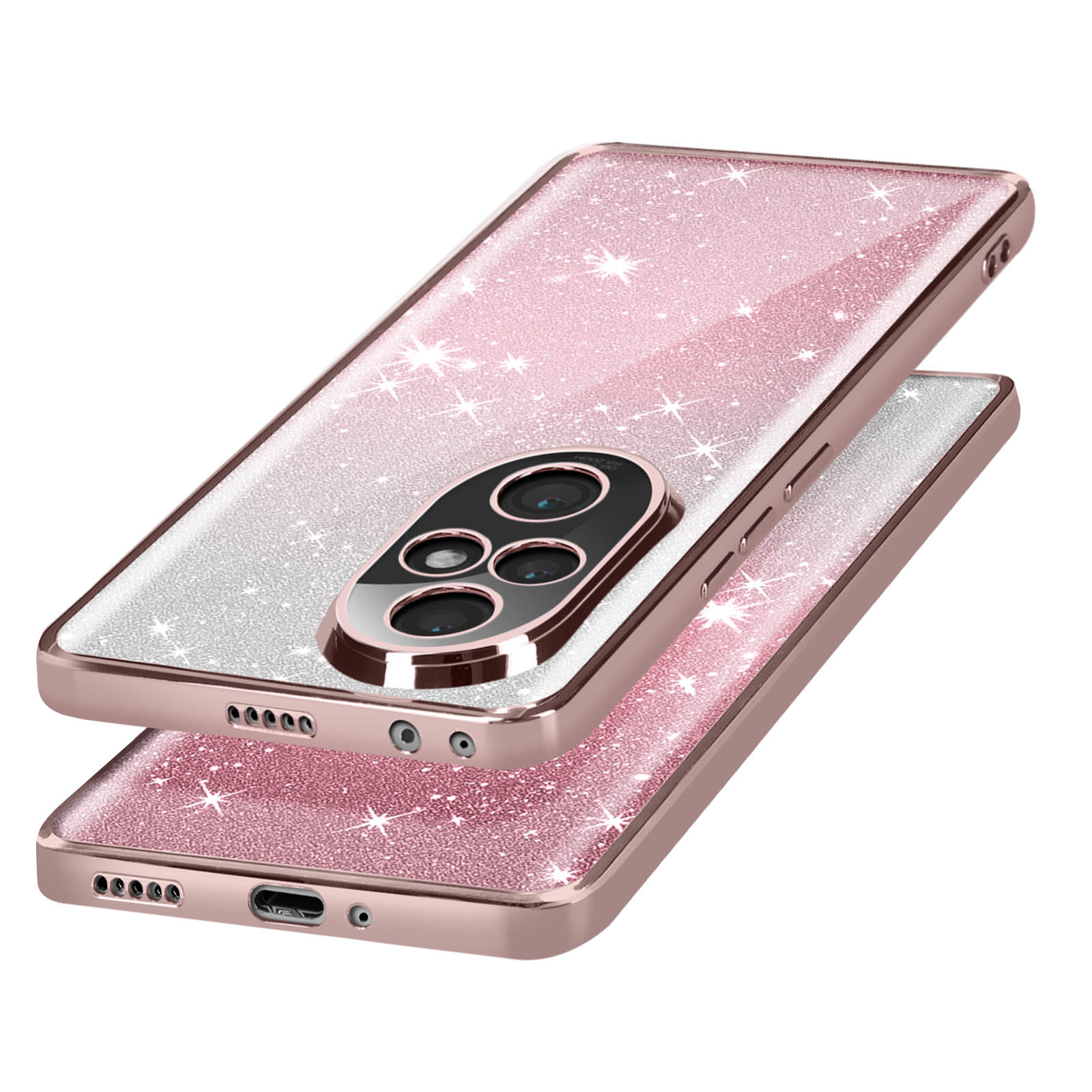 Custodia per telefono rosa scintillante. Cornice e protuberanza della fotocamera dorate. Due telefoni impilati.