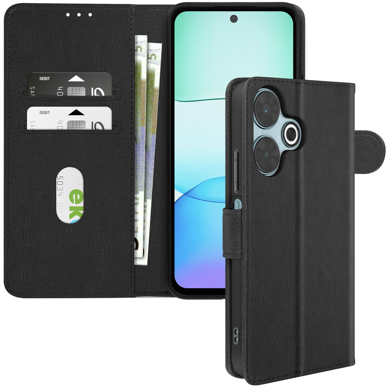 Custodia per telefono nera, aperta, con carte e contanti. Sfondo bianco.
