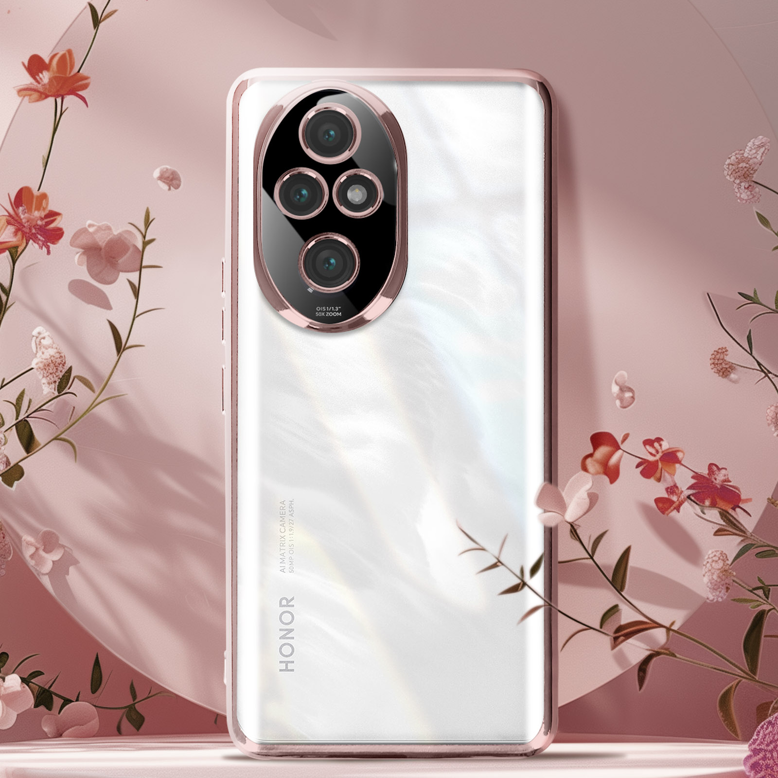 Telefono rosa con retro perlaceo, circondato da fiori rosa.