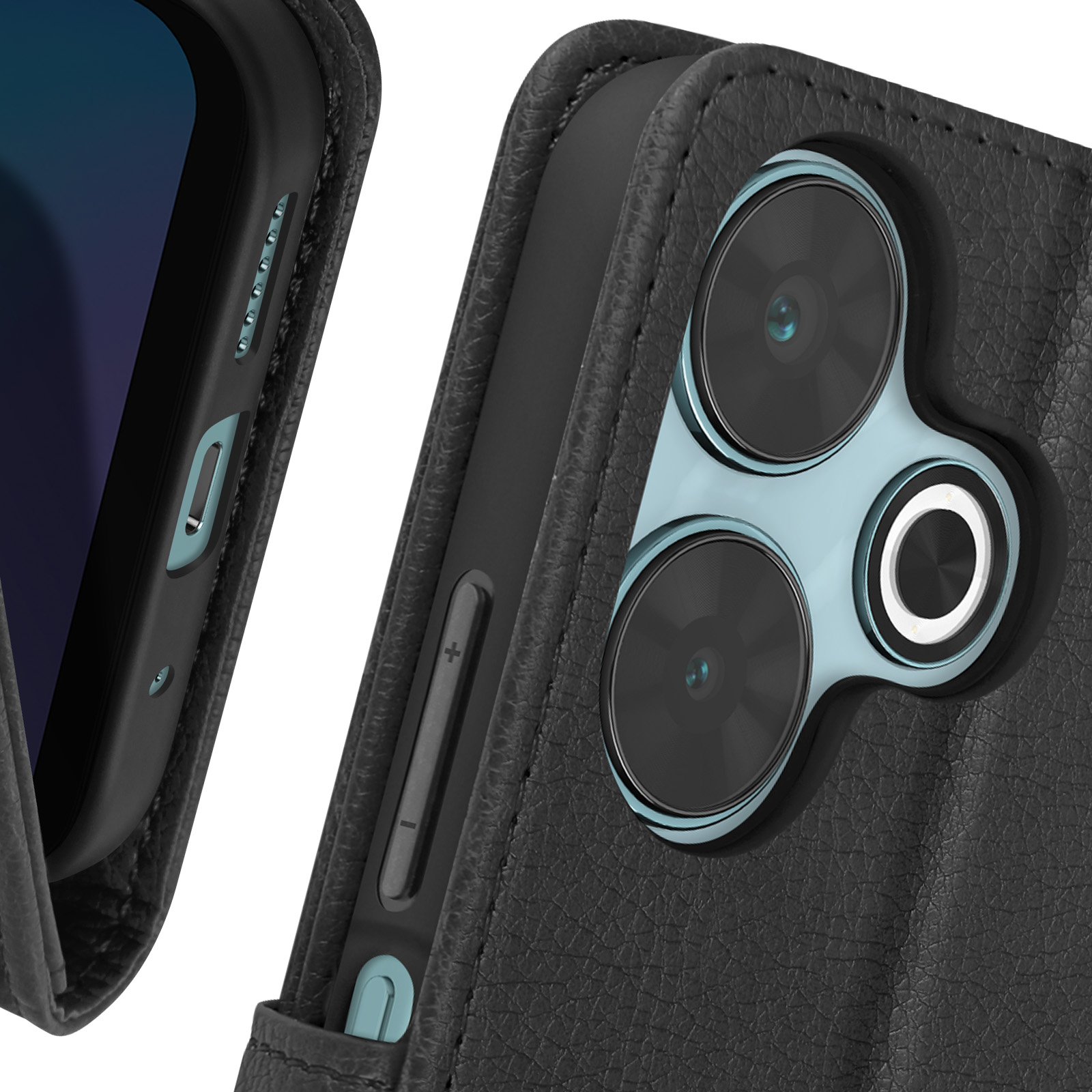 Telefono nero in custodia di pelle, lenti della fotocamera visibili. Tasti laterali.