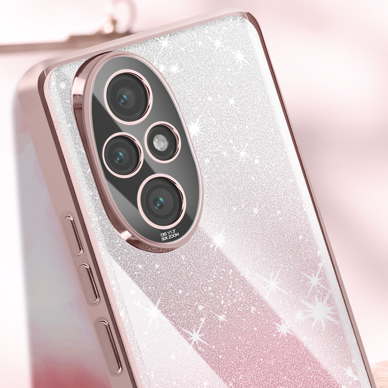 Primo piano di una custodia rosa per telefono con più lenti della fotocamera e design a stella.