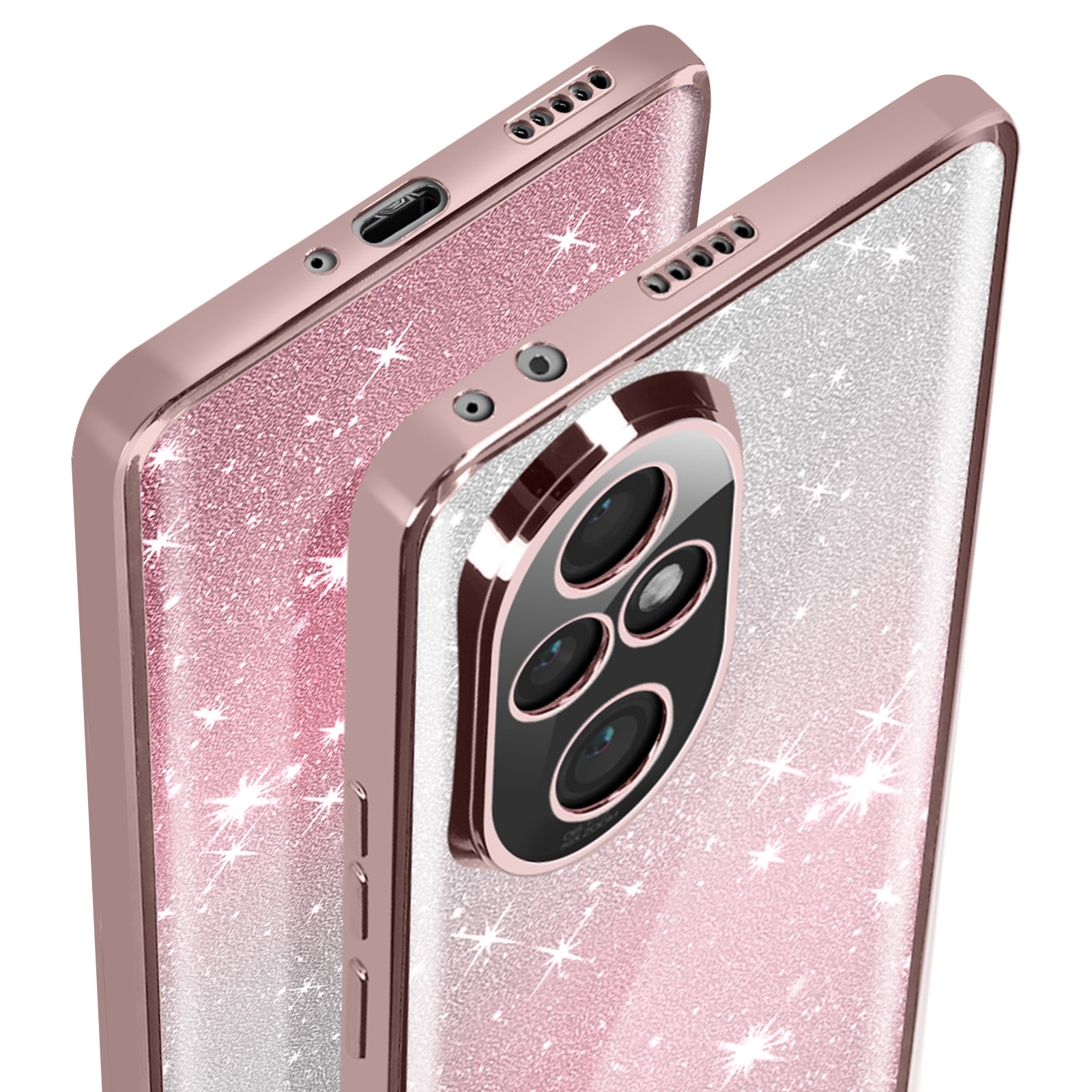 Primo piano di due custodie per telefono rosa glitterate. Le custodie hanno un ritaglio per la fotocamera.