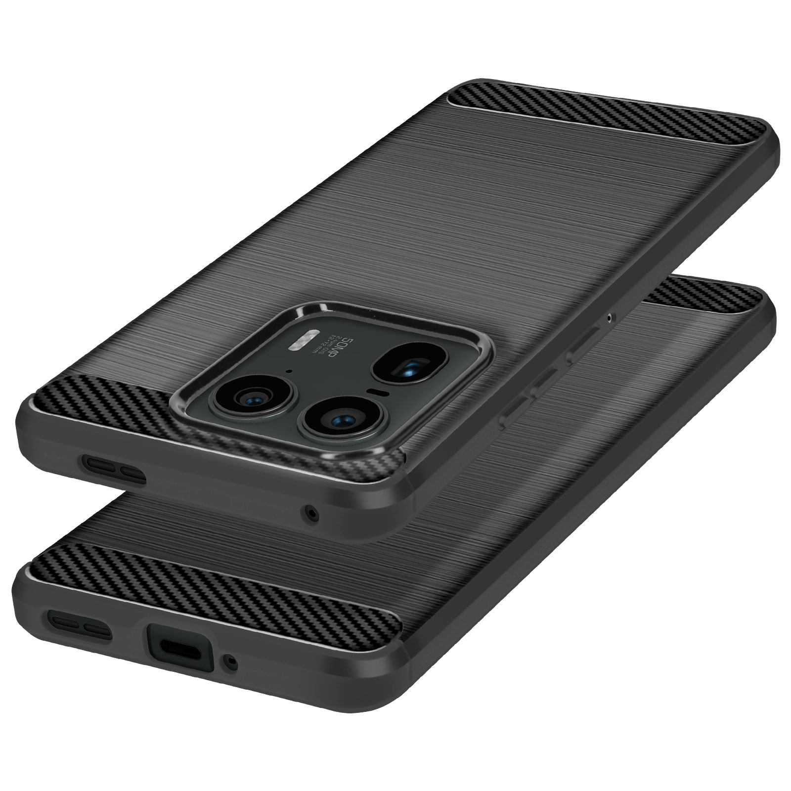 Due custodie nere per telefono impilate. Quella superiore ha un'estensione per la fotocamera e design in fibra di carbonio.