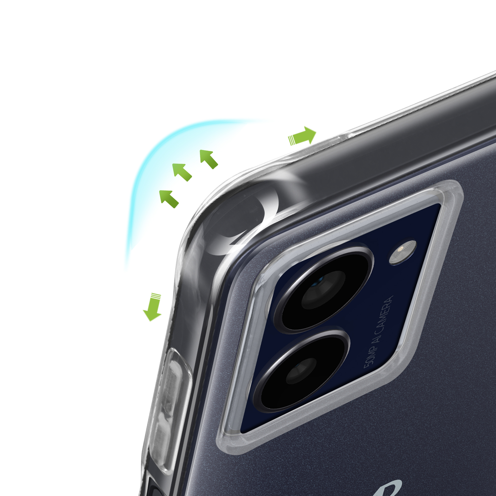 Primo piano di una custodia trasparente con frecce verdi che puntano alla fotocamera del telefono.