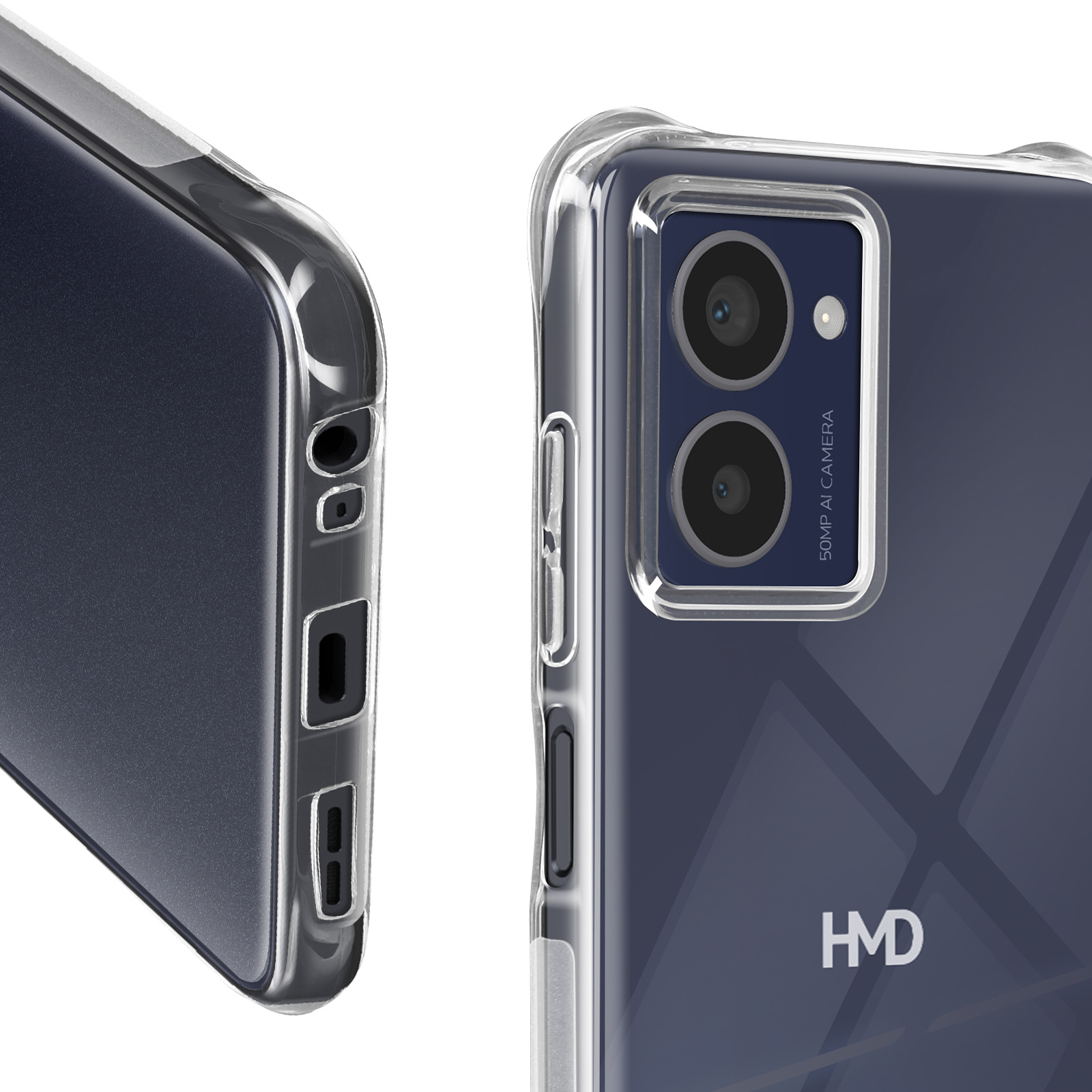 Smartphone con custodia trasparente, dettagli fotocamera visibili.