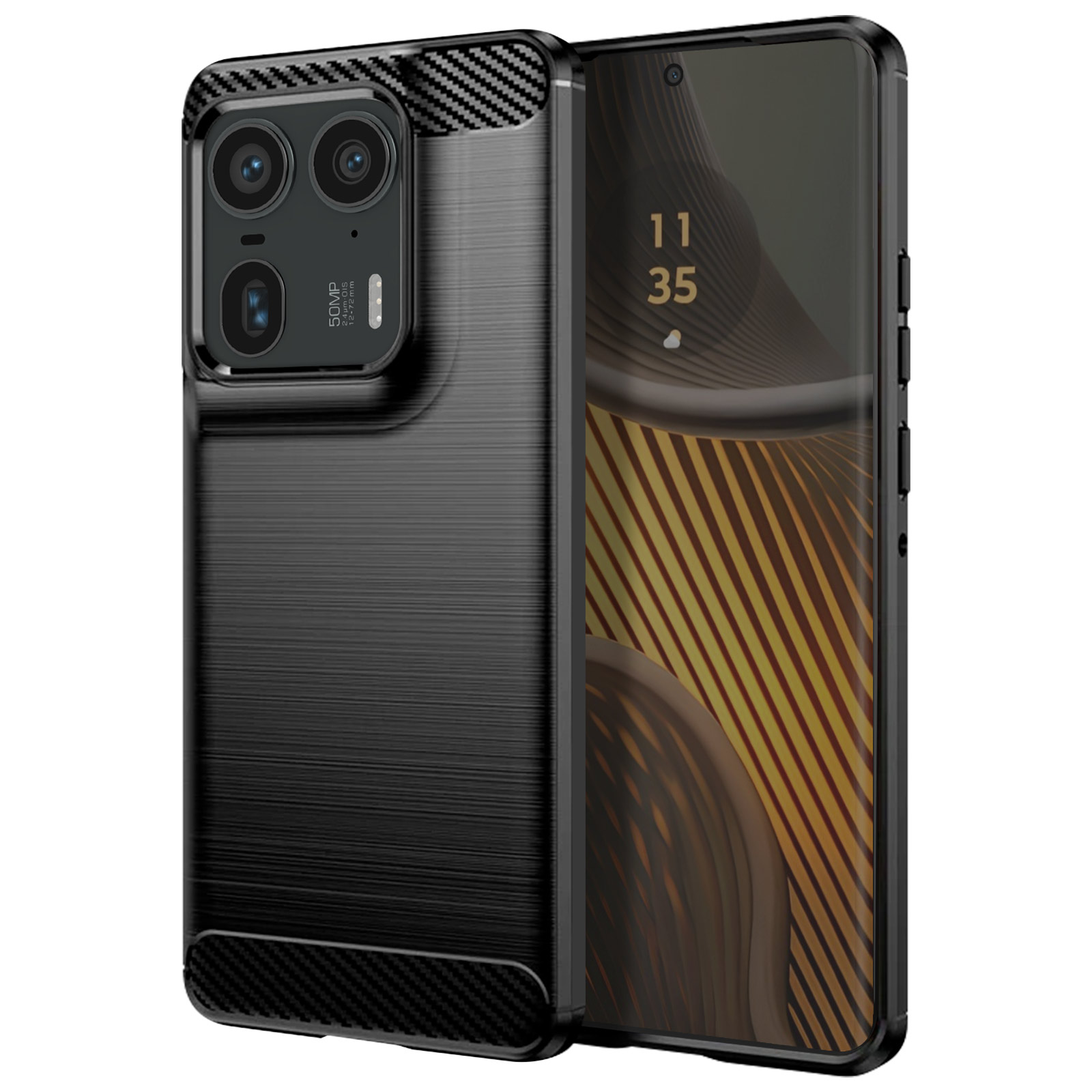 Una custodia per telefono nera con retro strutturato e sporgenza della fotocamera.
