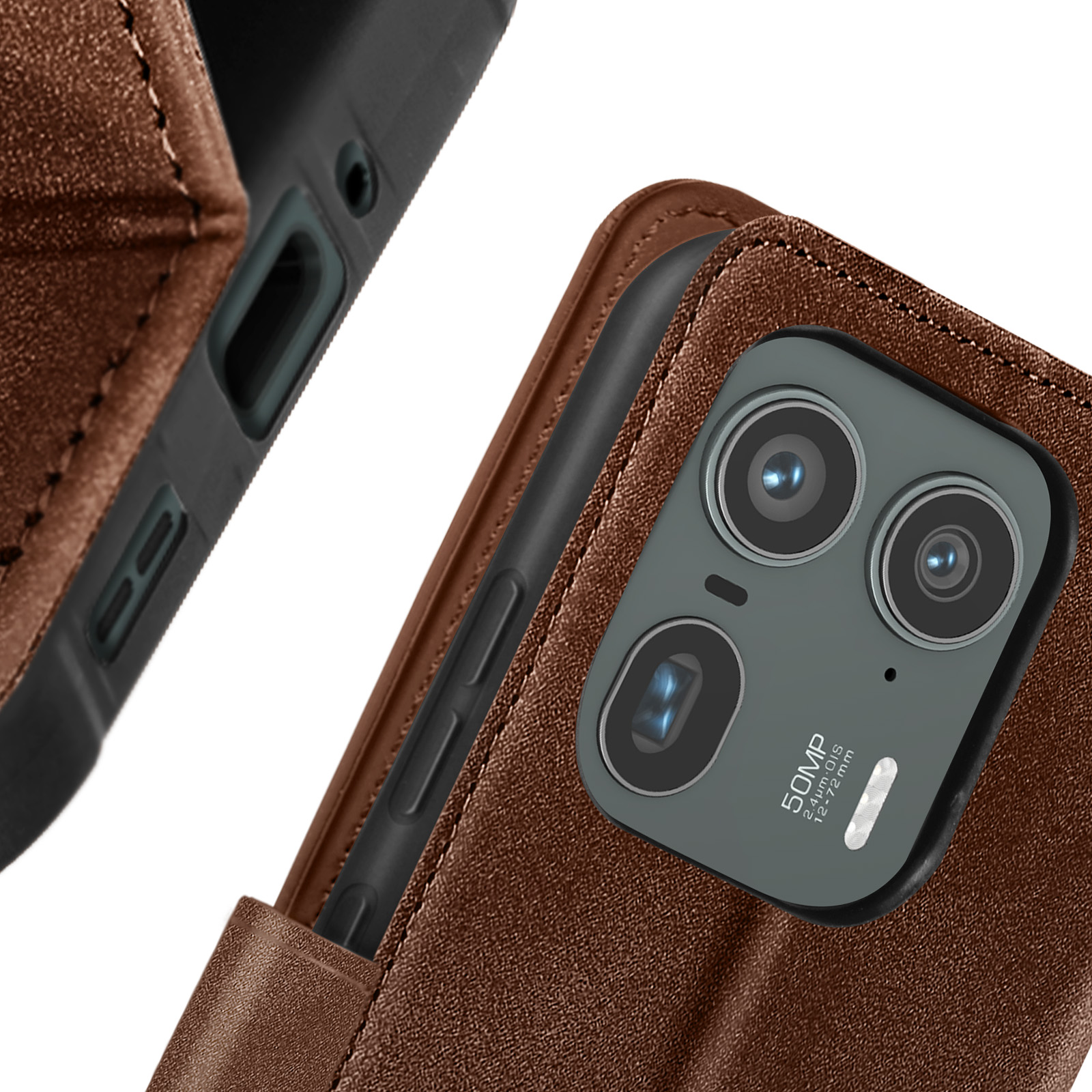 Nahaufnahme einer braunen Leder-Handyhülle mit Telefon, zeigt Kameralinsen.