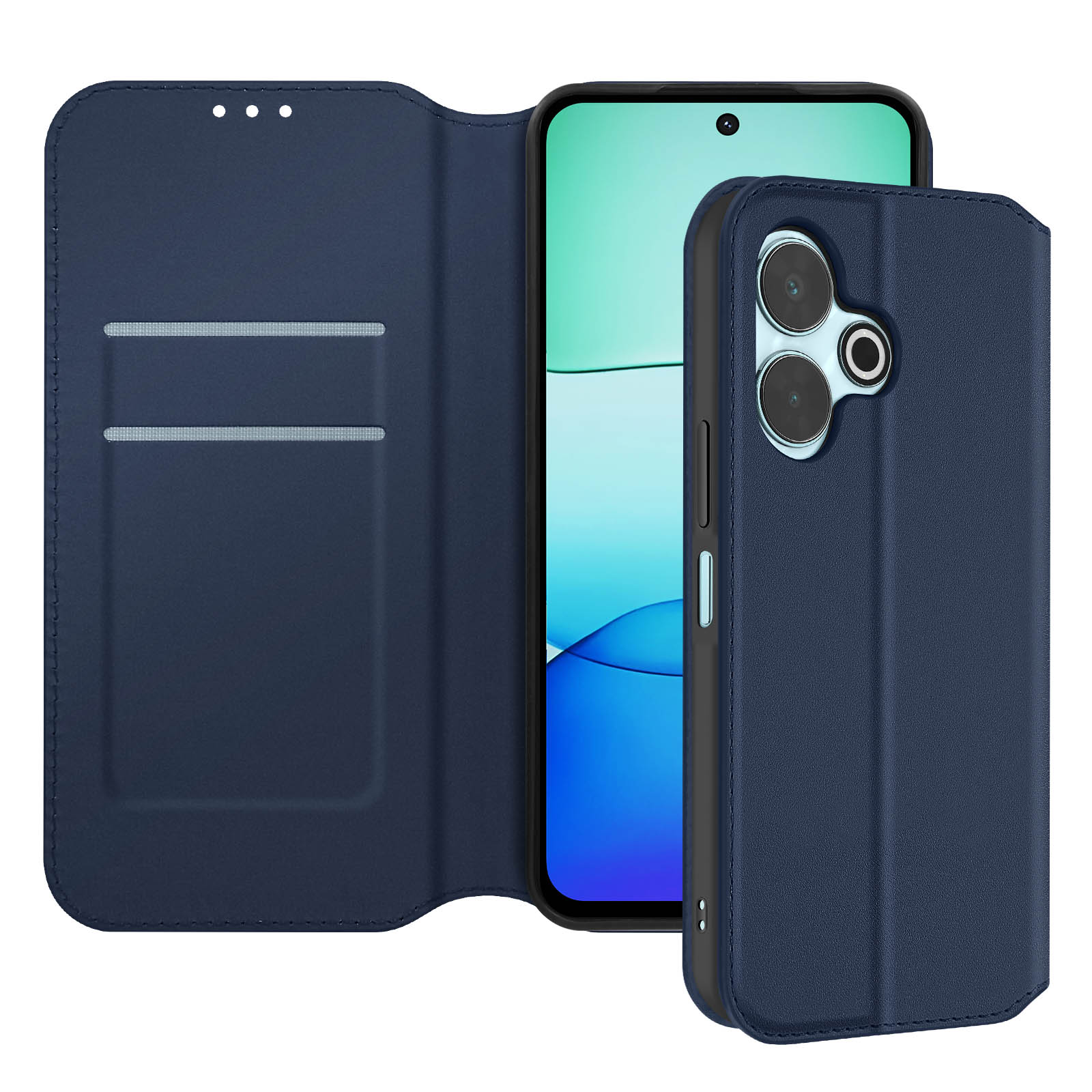 Custodia blu aperta, che mostra il telefono, con obiettivi multipli.