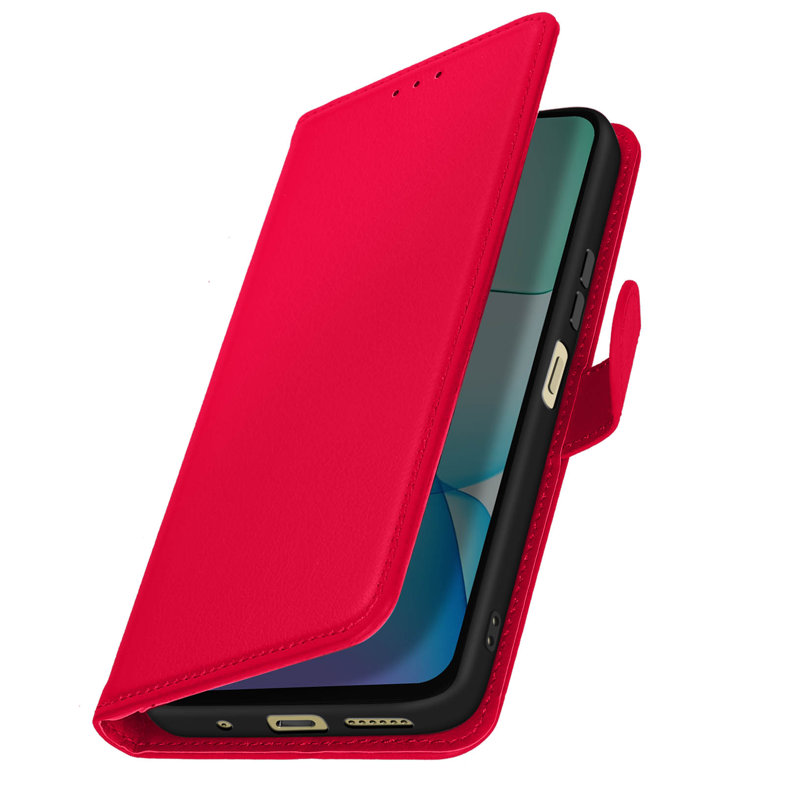 Custodia per telefono rossa, aperta. È una custodia a libro, con un telefono all'interno. Il telefono è nero.