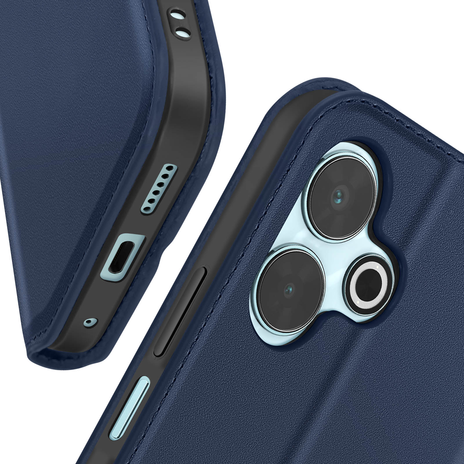 Primo piano di una custodia per telefono blu scuro con lenti della fotocamera e porte visibili.