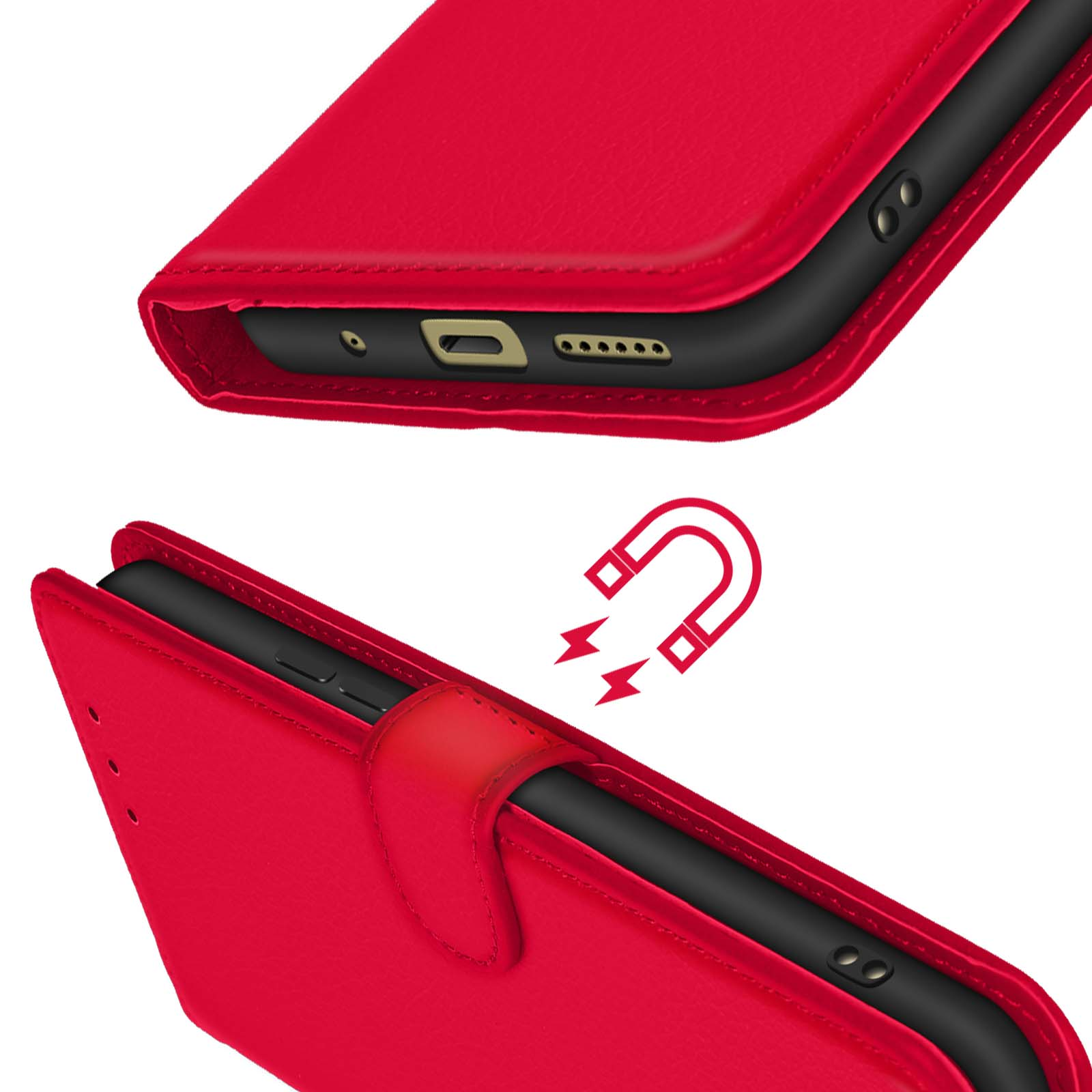 Custodia rossa per telefono, che mostra la chiusura magnetica e l'interno con fessure per carte.