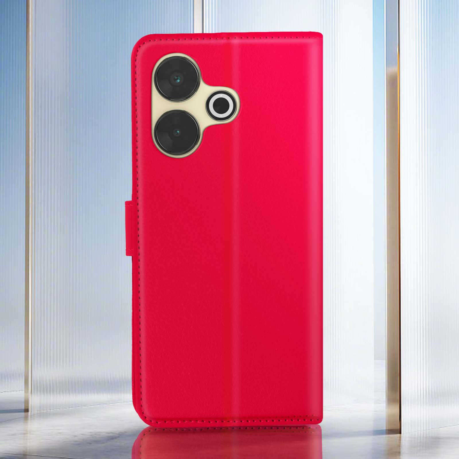 Custodia per telefono rossa in piedi. Ha una sezione fotocamera e una copertura.