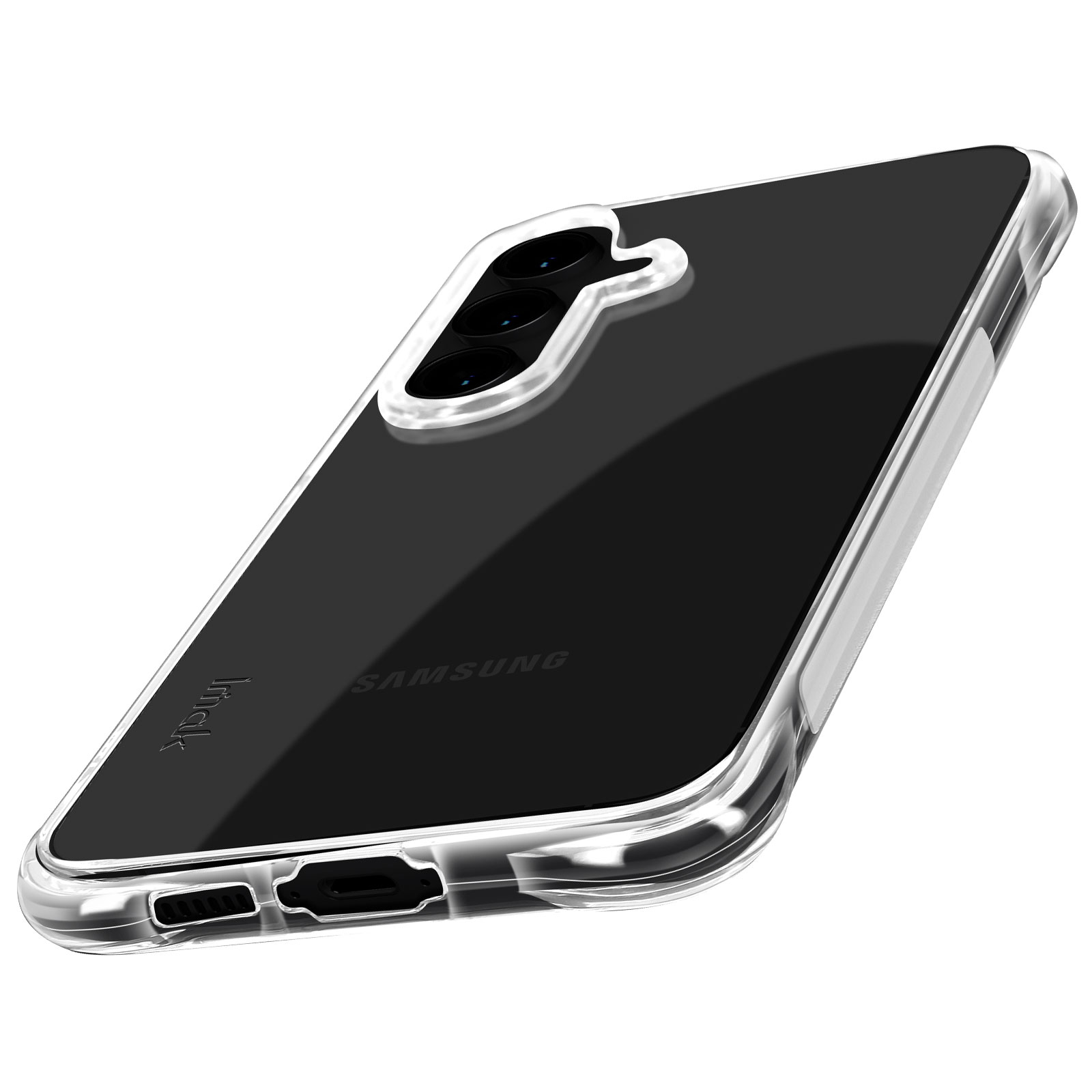 Custodia trasparente per telefono su una superficie bianca. Telefono nero all'interno.
