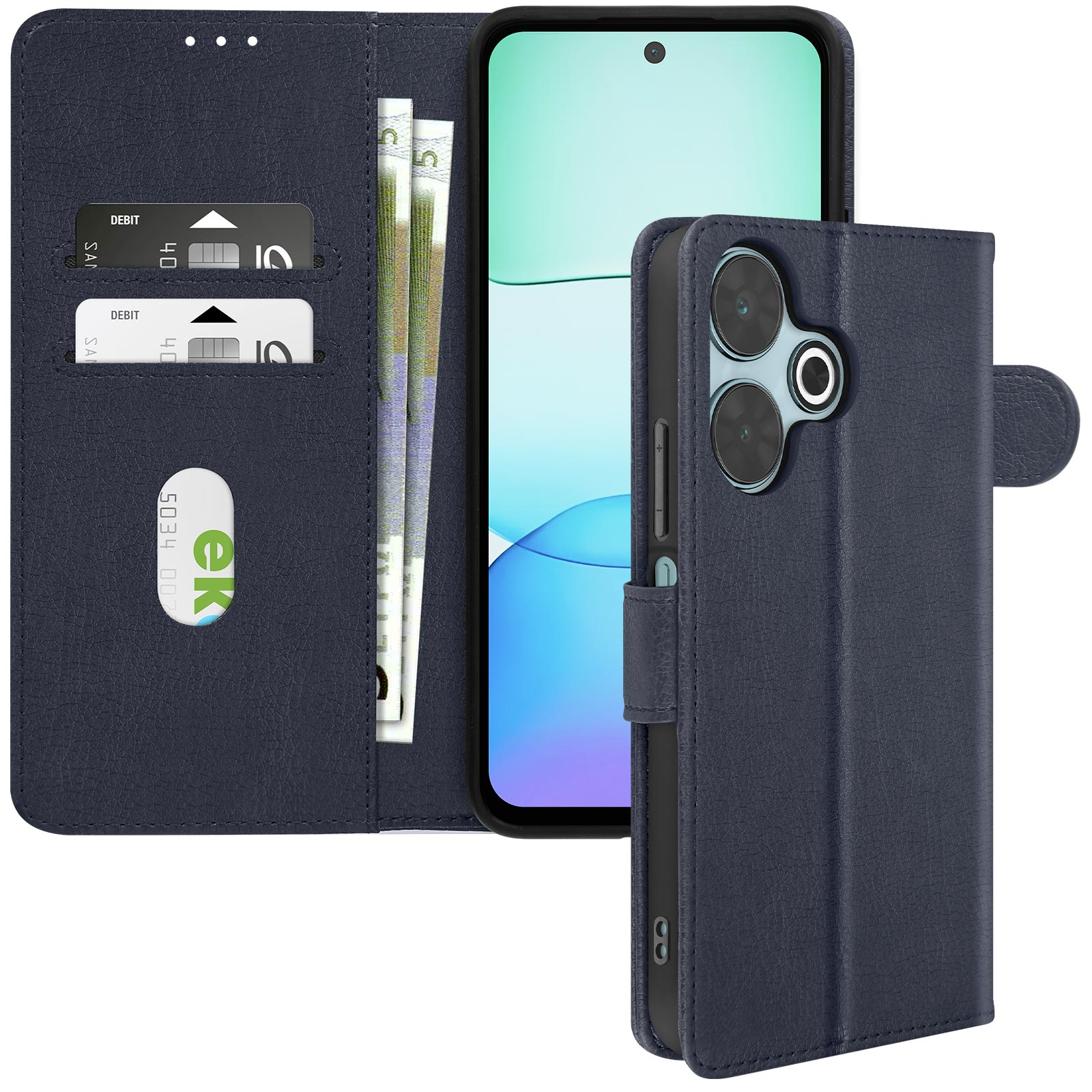 Eine dunkelblaue Handyhülle, geöffnet, um ein Telefon, Kreditkarten und Geld zu zeigen, auf weißem Hintergrund.