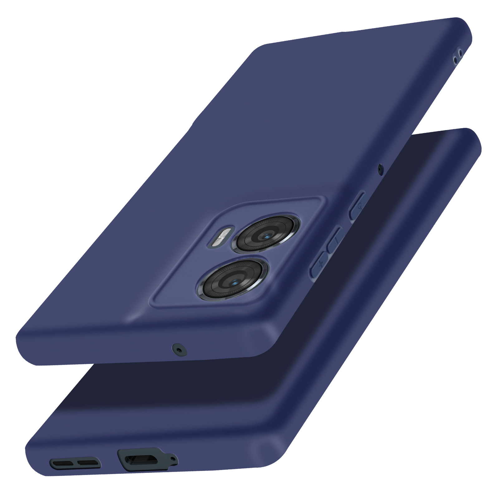 Custodia blu navy, due parti. Fori della fotocamera visibili. Riflesso di luce, sfondo bianco.