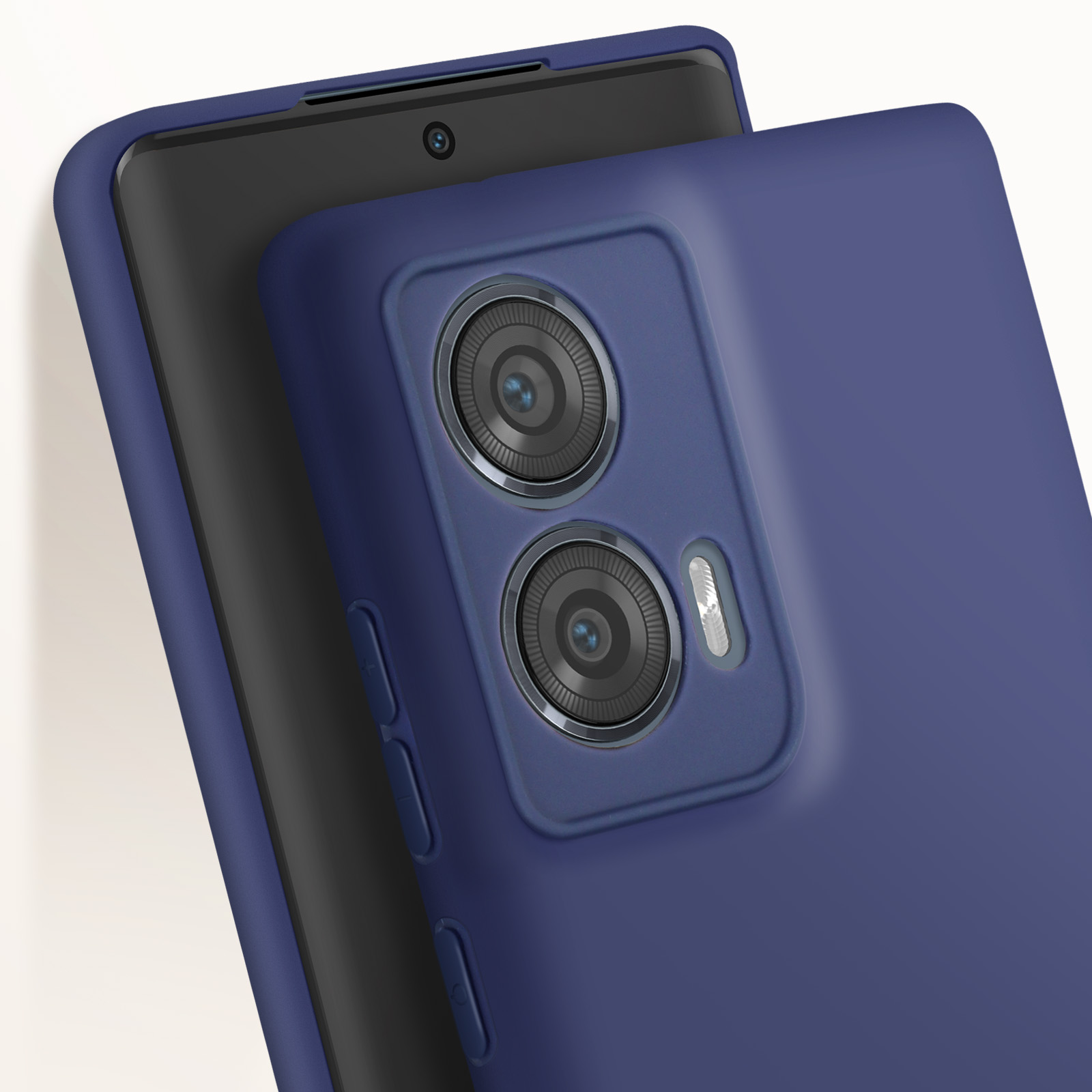 Custodia blu per telefono con due obiettivi, primo piano. Il telefono è nero.
