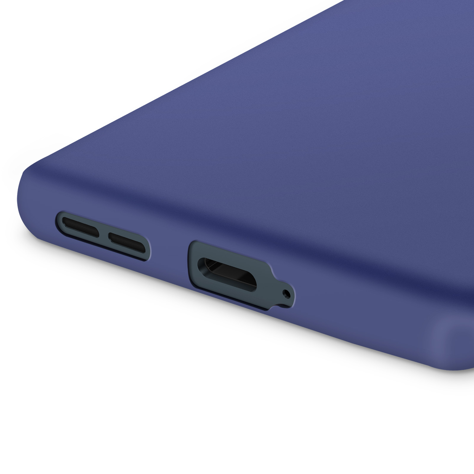 Primo piano di un telefono blu scuro. Porte e griglie degli altoparlanti visibili sul bordo inferiore.