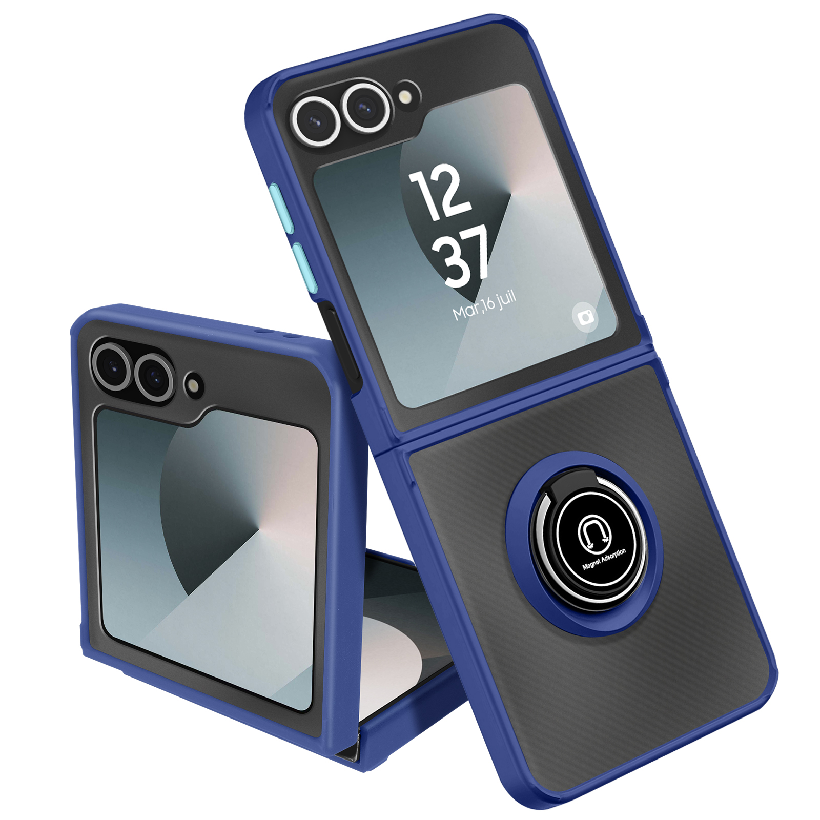 Blauwe en zwarte telefoonhoes, open en dicht. Toont een telefoonscherm met de tijd.