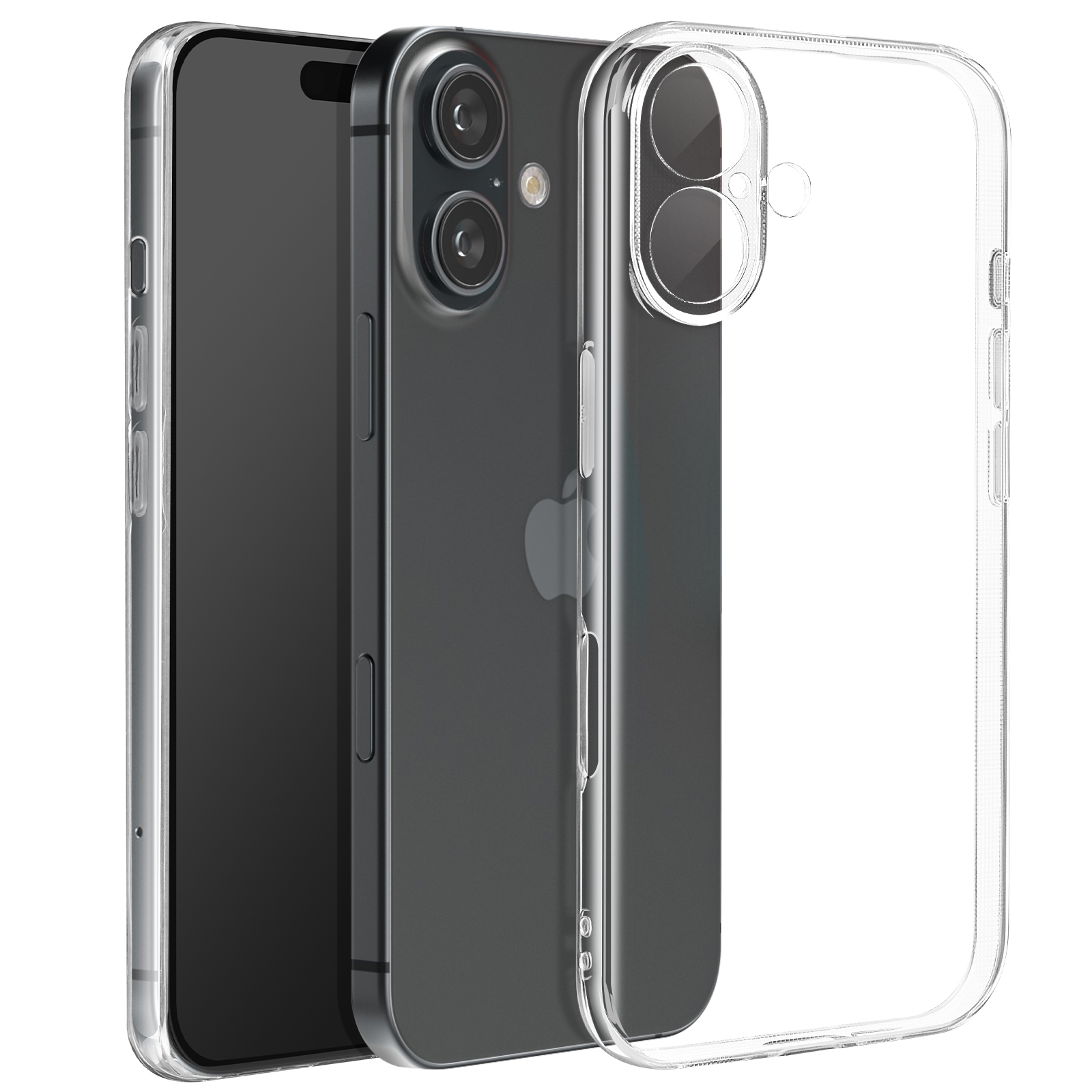 Tre smartphone: uno con schermo acceso, due con custodie. Custodia trasparente a destra.