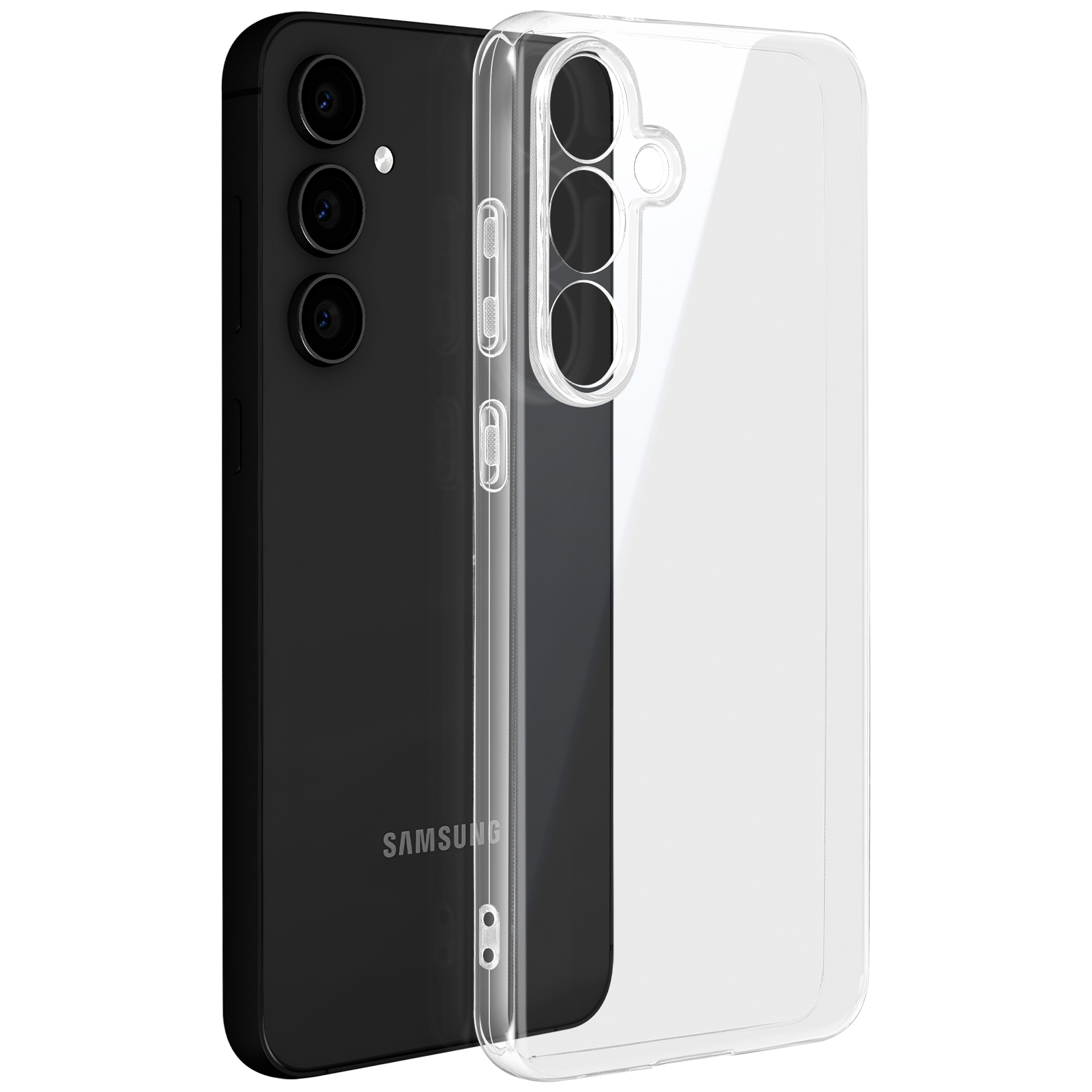 Telefono Samsung nero con custodia trasparente, che mostra il retro del telefono. La custodia è a destra.