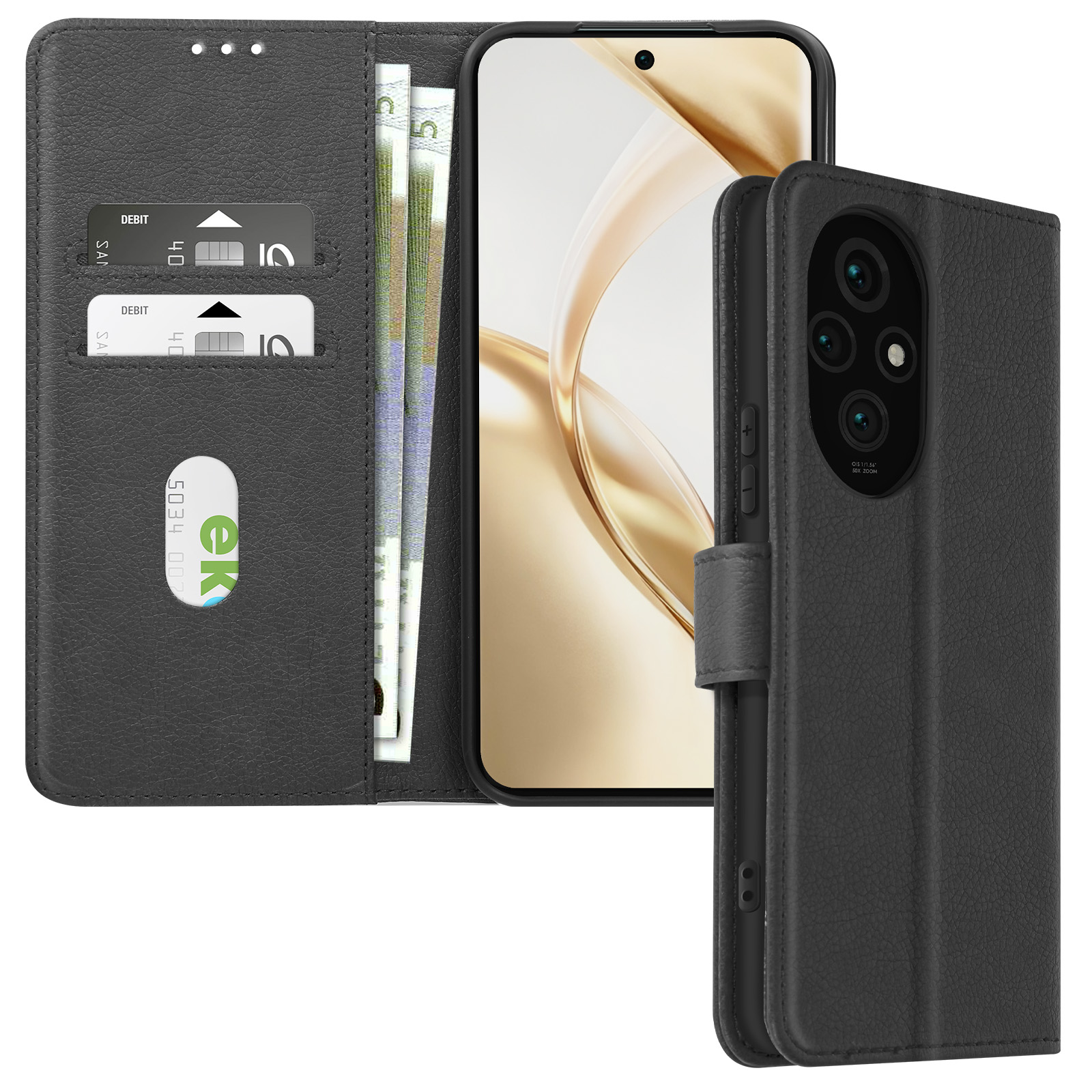 Custodia nera del telefono aperta, con carte e denaro visibili. Telefono dentro.