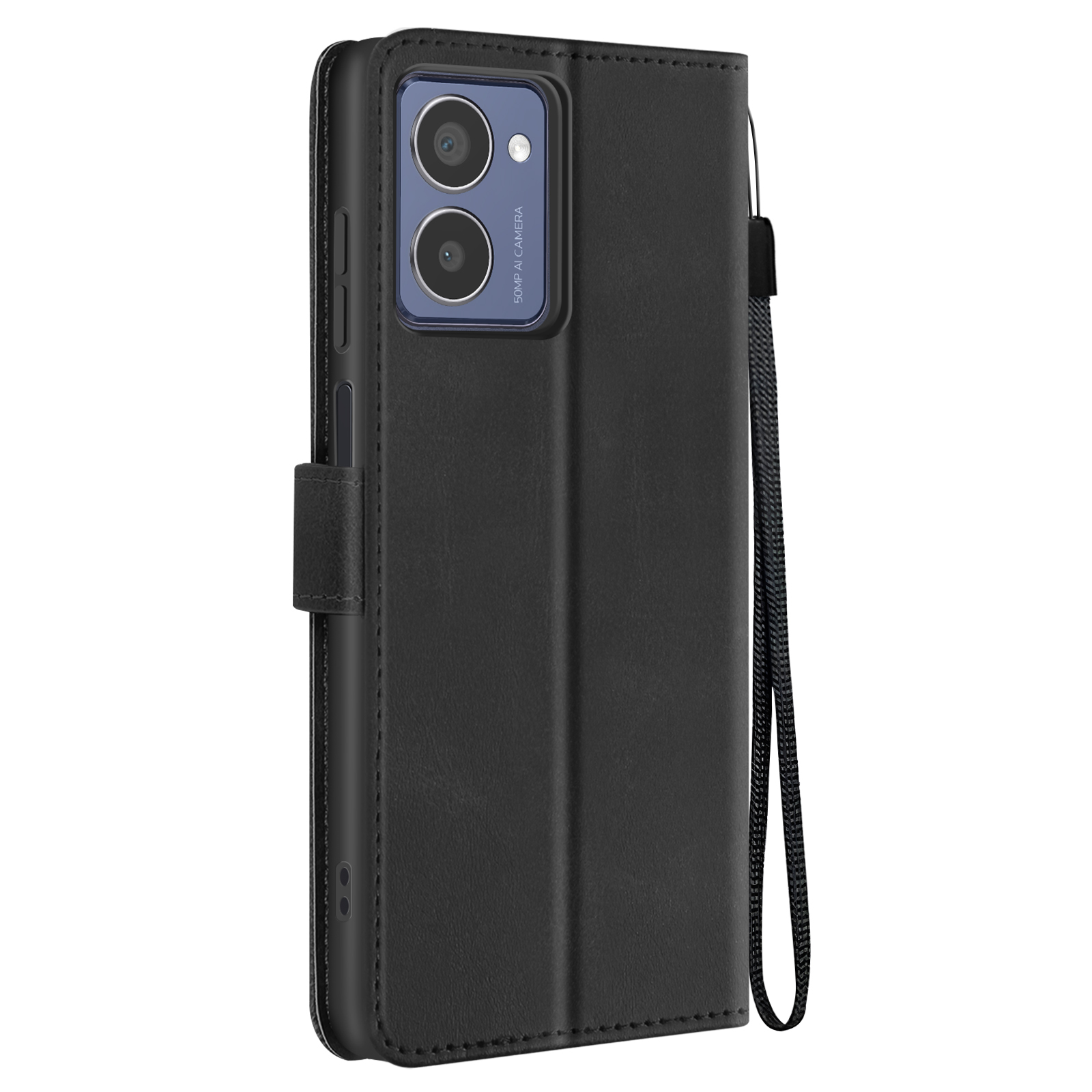 Custodia per telefono nera con design a portafoglio. C'è un telefono sul lato destro.