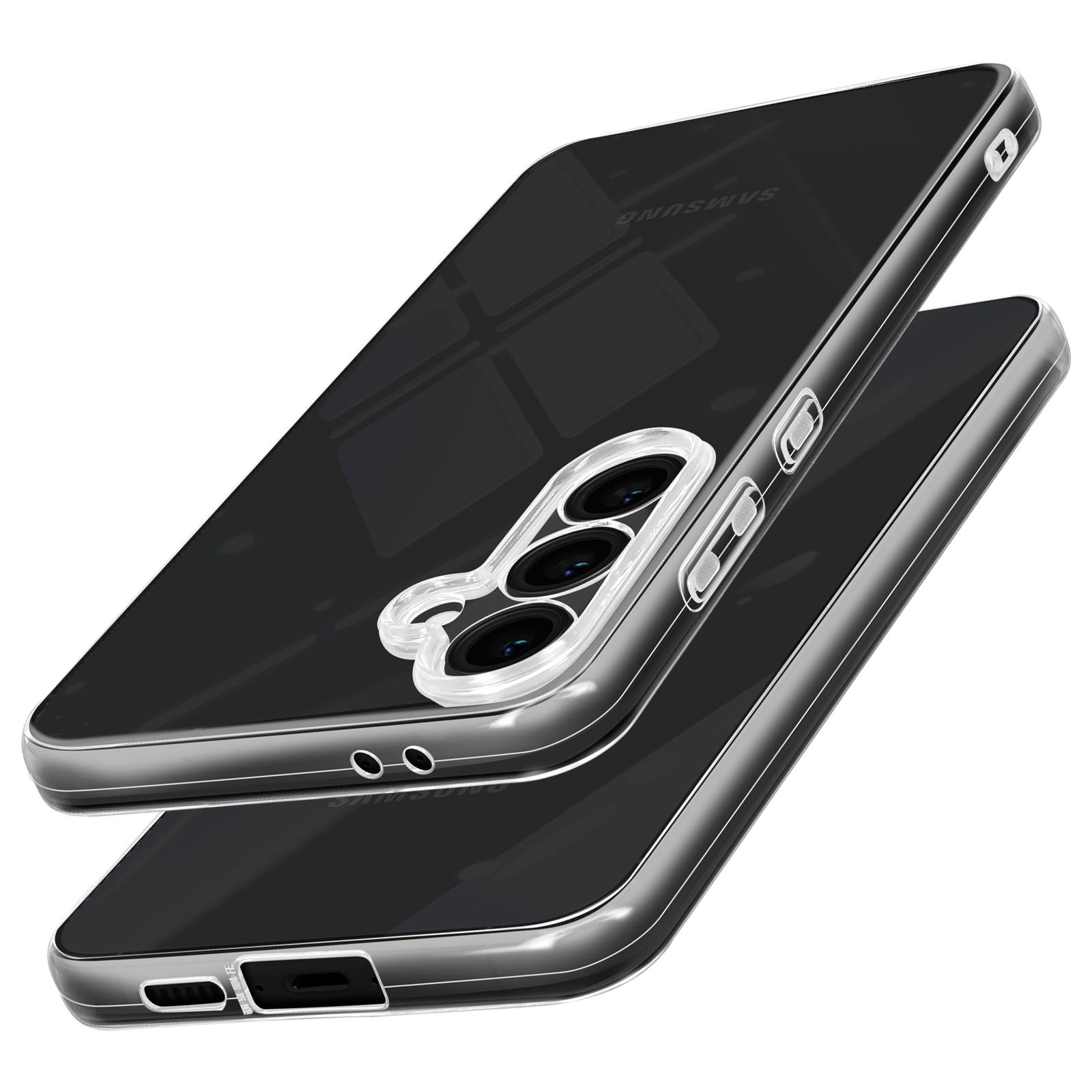 Due smartphone, neri, custodia trasparente. Obiettivi della fotocamera visibili, impilati. Sfondo bianco.