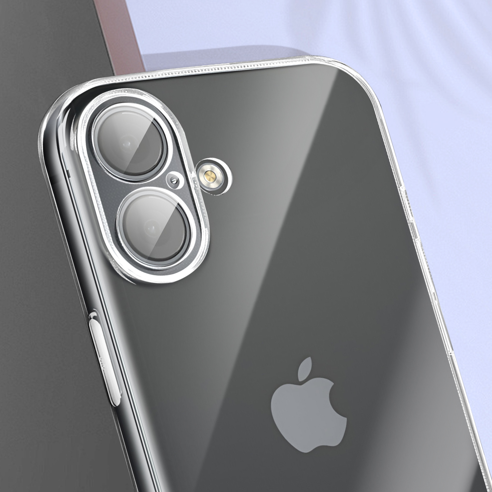 Una custodia trasparente per telefono con fotocamera e logo Apple visibili su sfondo azzurro.