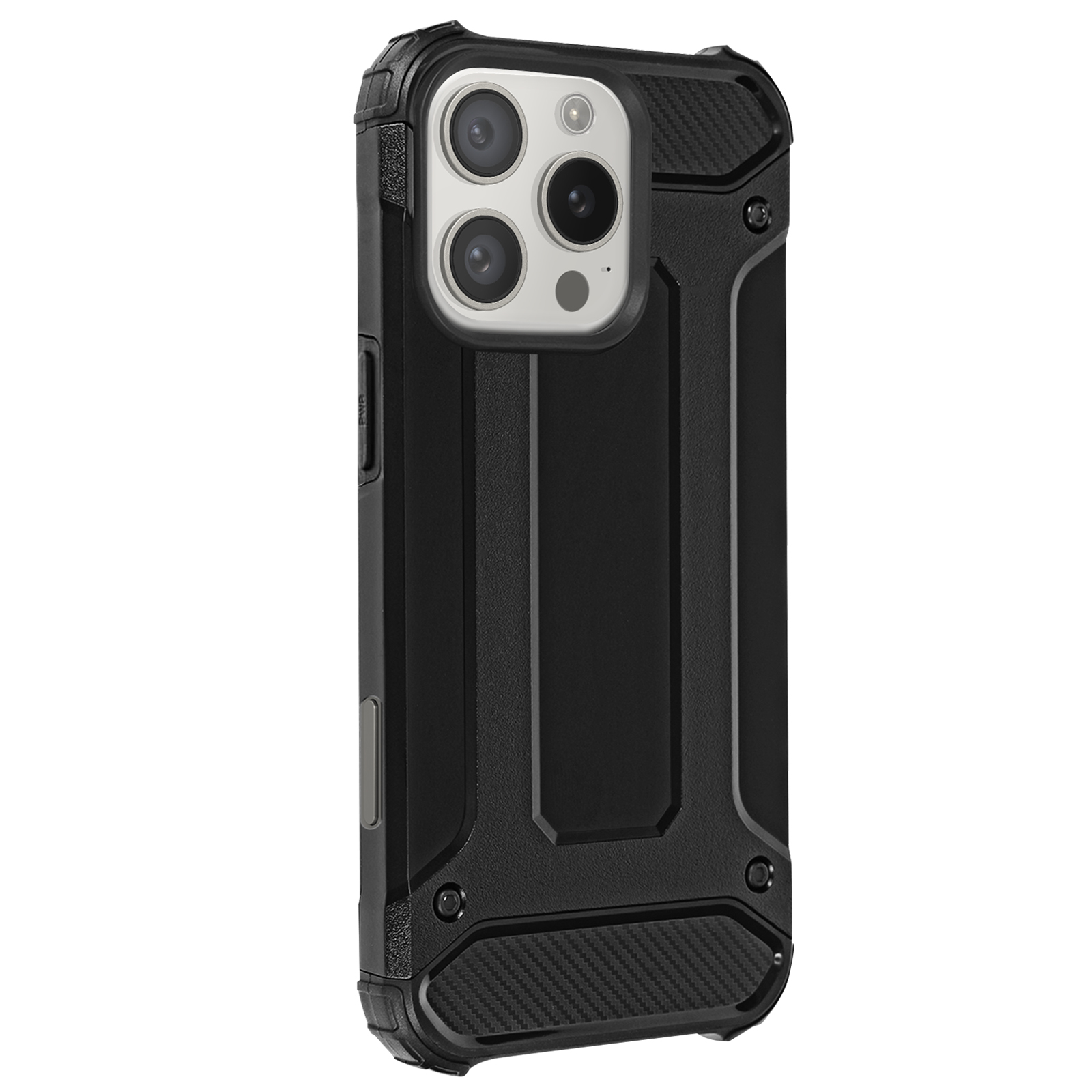Custodia per telefono nera con un design robusto. Ha un ritaglio per fotocamera a tripla lente e bordi rialzati.