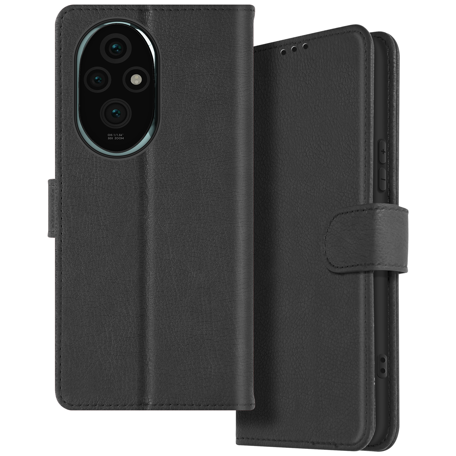 Custodia per telefono nera, aperta, con un telefono dentro. Ha un ritaglio per la fotocamera e una chiusura magnetica.