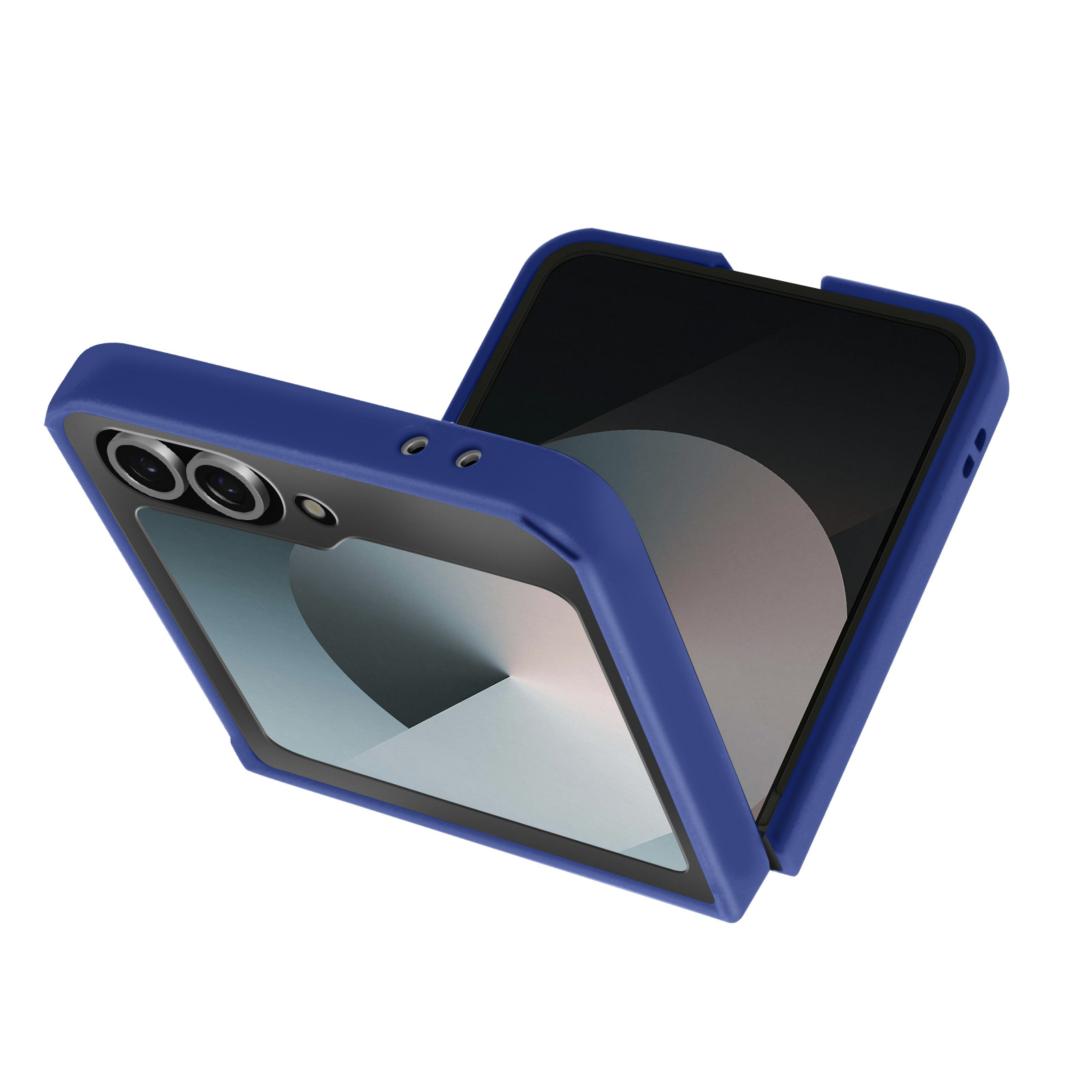 Een blauwe telefoonhoes, open, met een telefoon erin. De hoes heeft een camera-uitsparing.