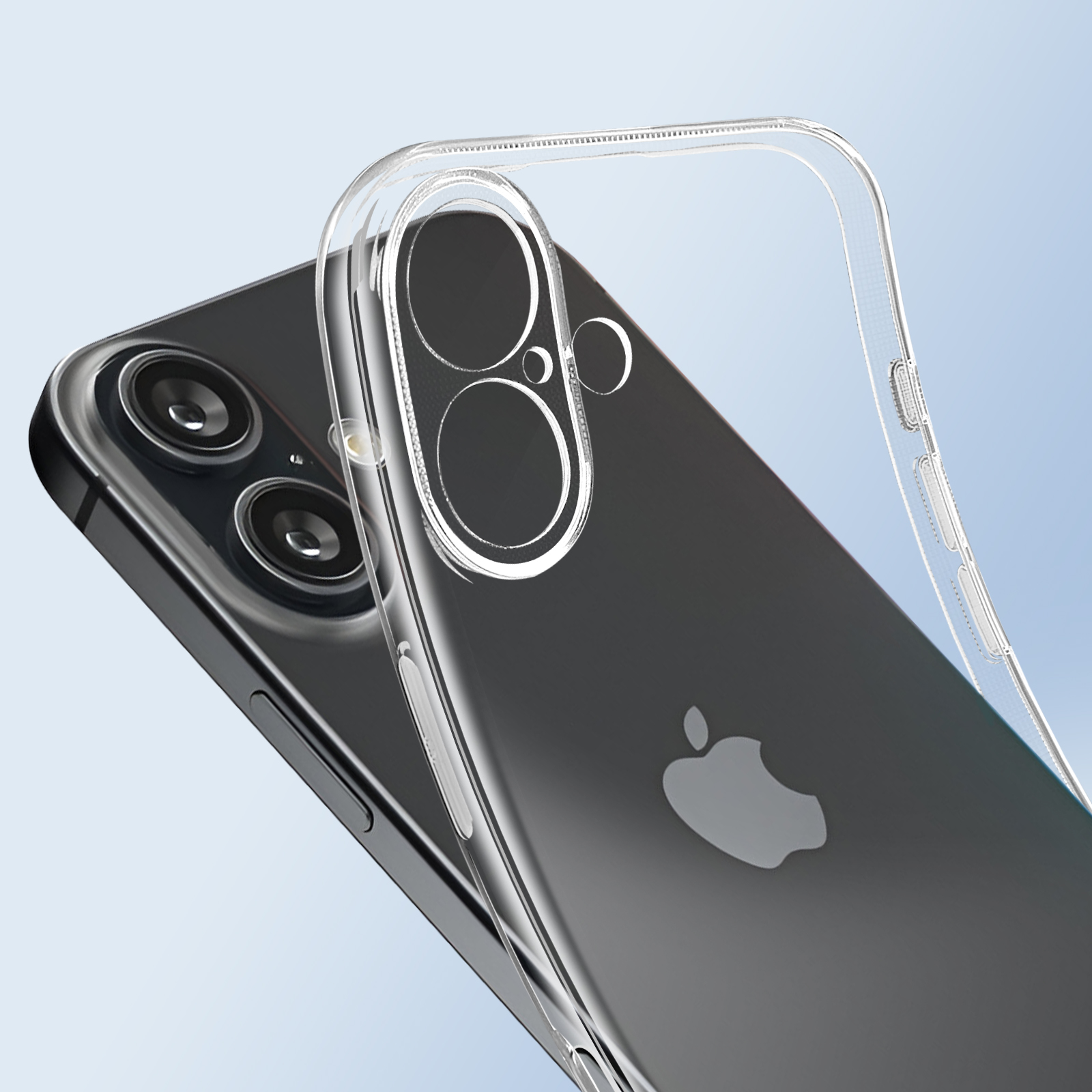 Custodia trasparente su un telefono. Ha tre fotocamere. Uno sfondo azzurro.