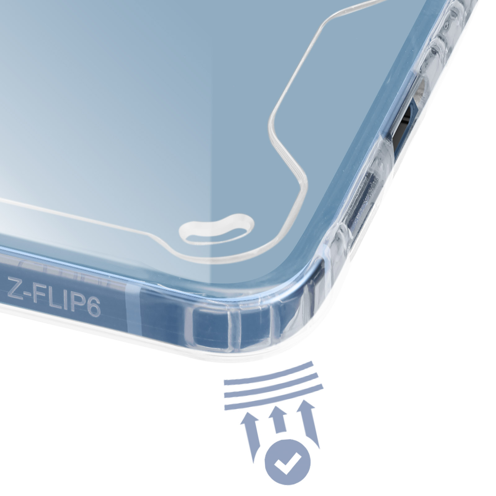 Primo piano di una custodia trasparente per telefono, con l'etichetta Z-FLIP6 visibile.