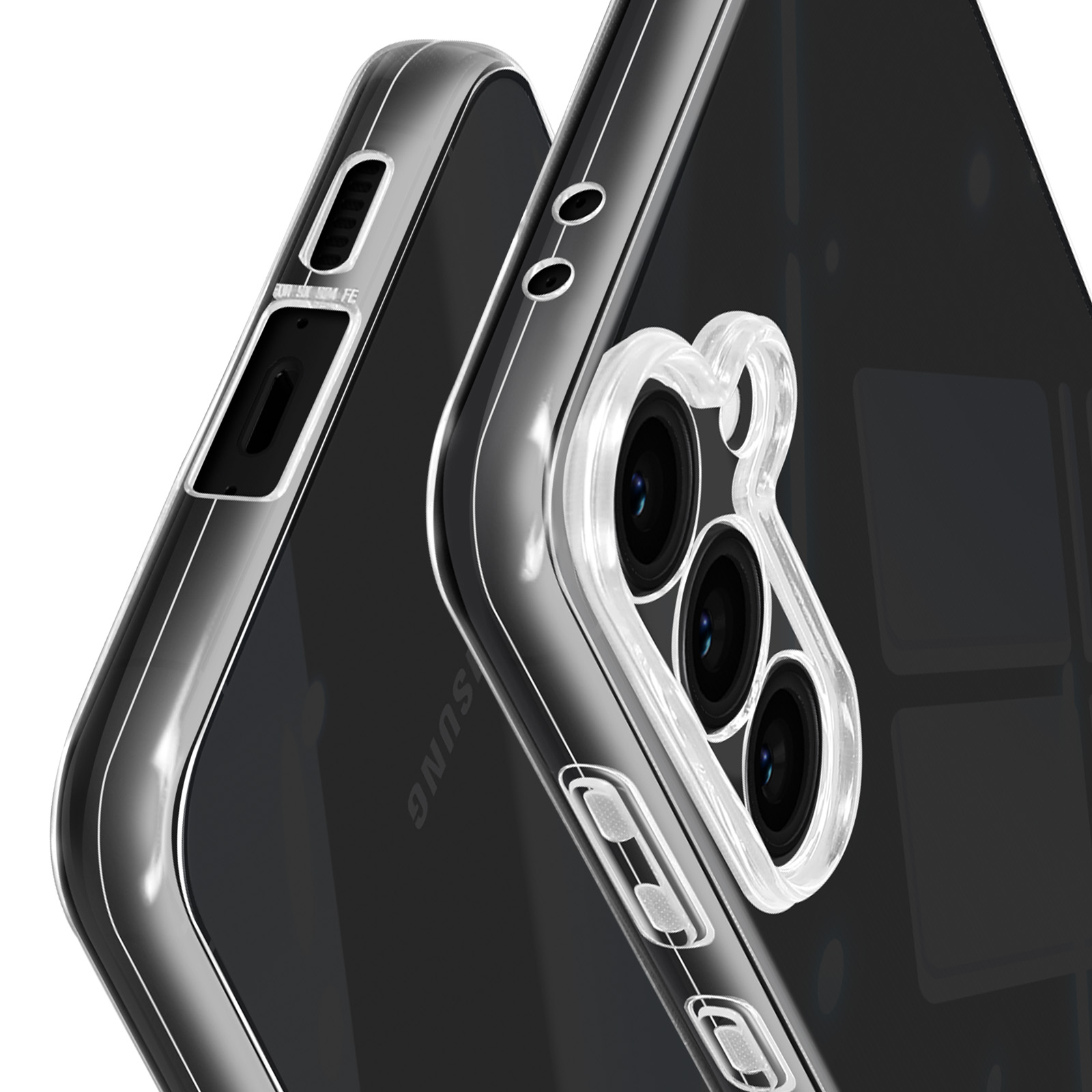 Due parti di telefono cellulare in primo piano. Custodia trasparente con fotocamera e pulsanti visibili. Telefono nero lucido all'interno.