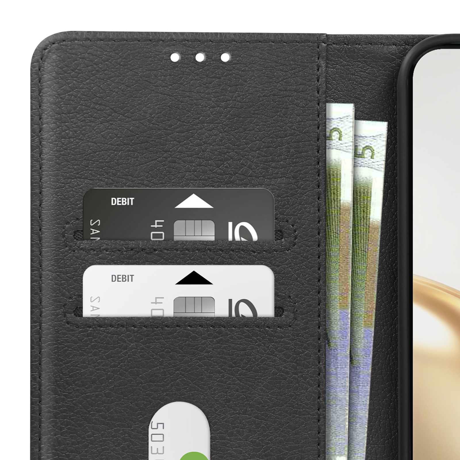 Custodia a portafoglio nera per telefono con carte di debito e contanti visibili all'interno.