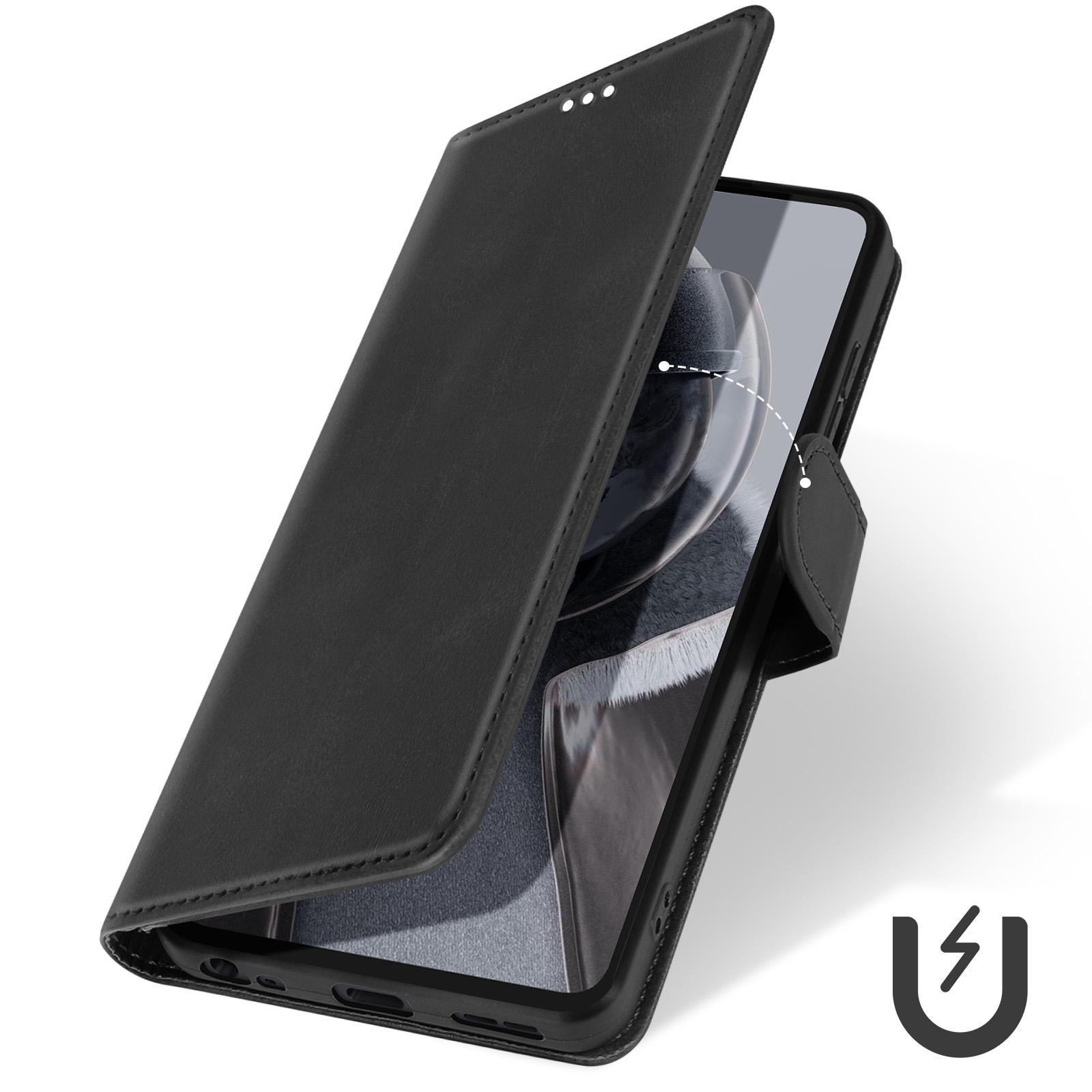 Custodia nera per telefono, aperta. Il telefono è visibile con una visualizzazione parziale dello schermo.