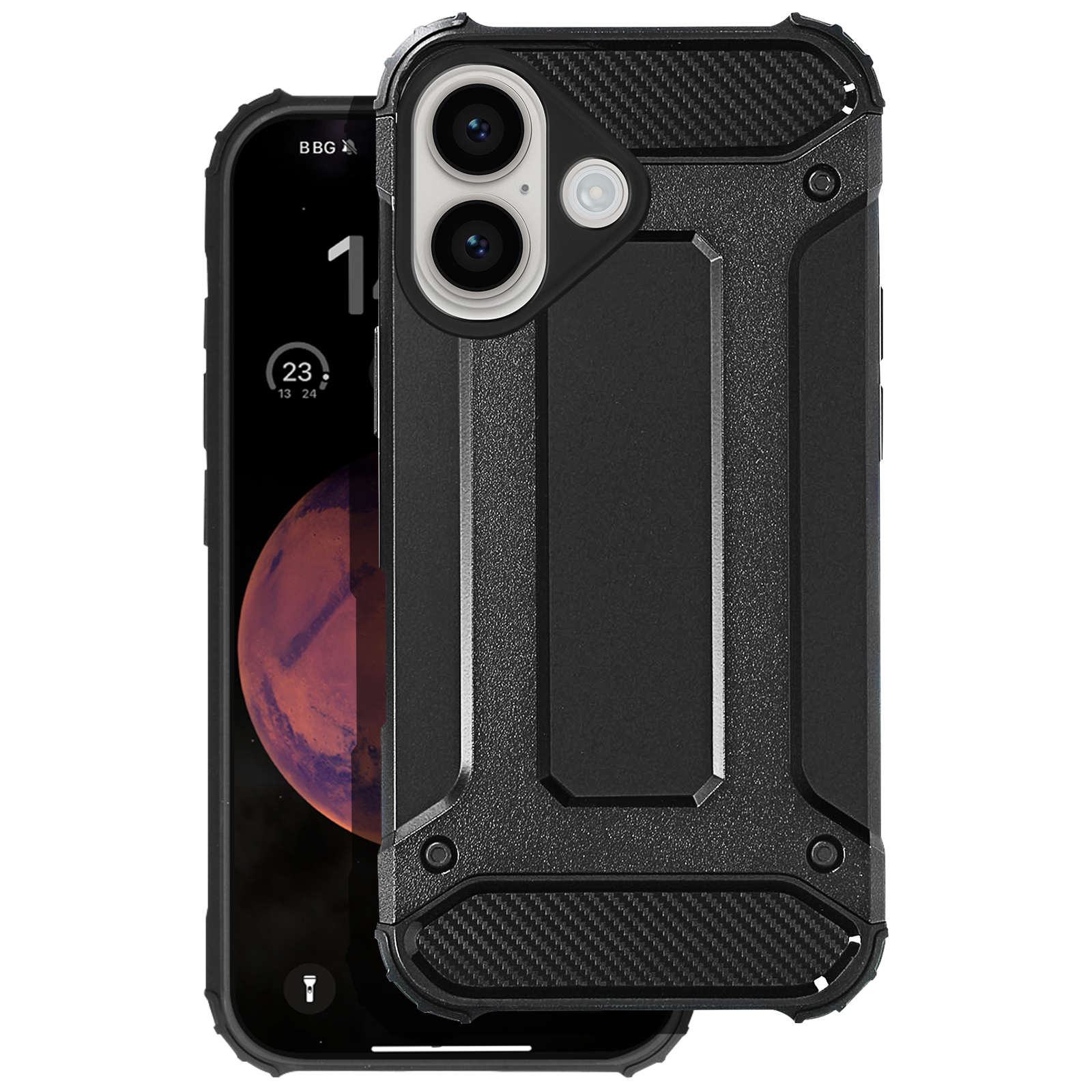 Telefono con custodia. Custodia nera con design strutturato. Lo schermo del telefono è visibile.