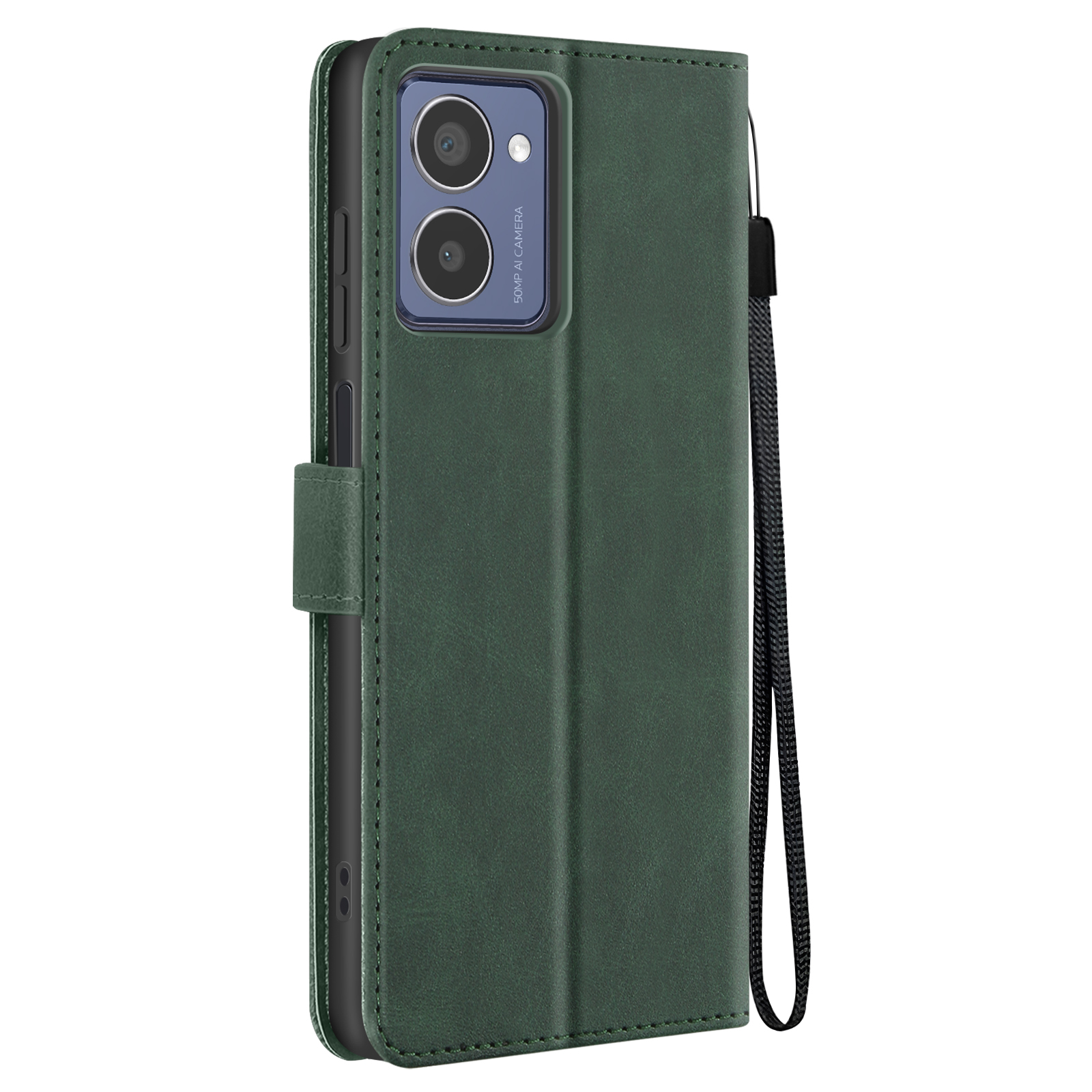 Custodia verde per telefono, telefono dentro, coperchio aperto, cinturino nero.