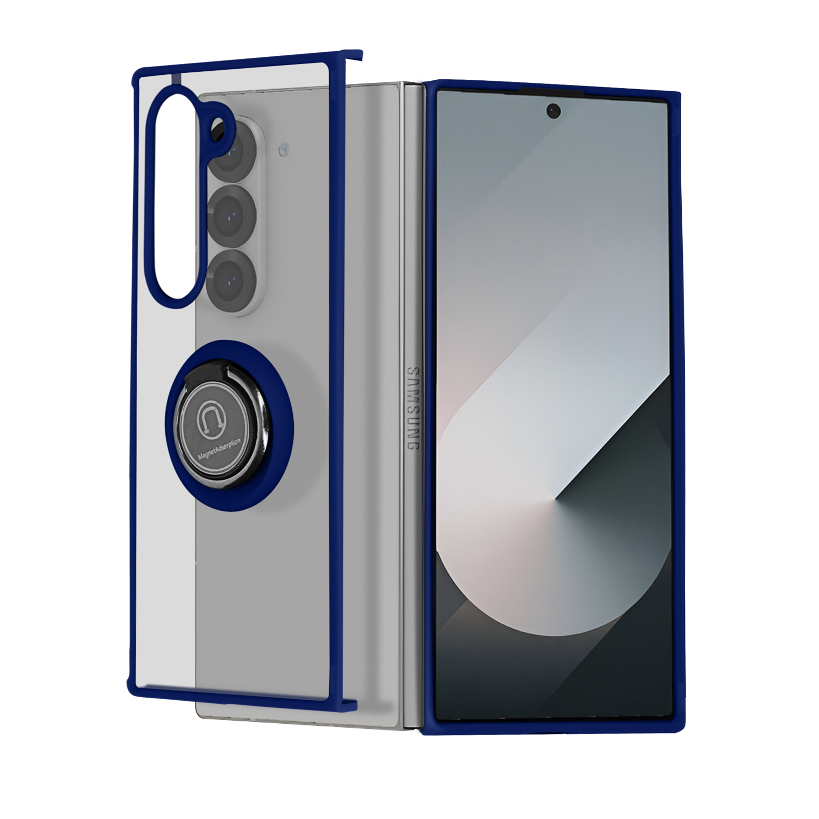 Una custodia per smartphone con cornice blu, portanello e design pieghevole. Il telefono è visibile.