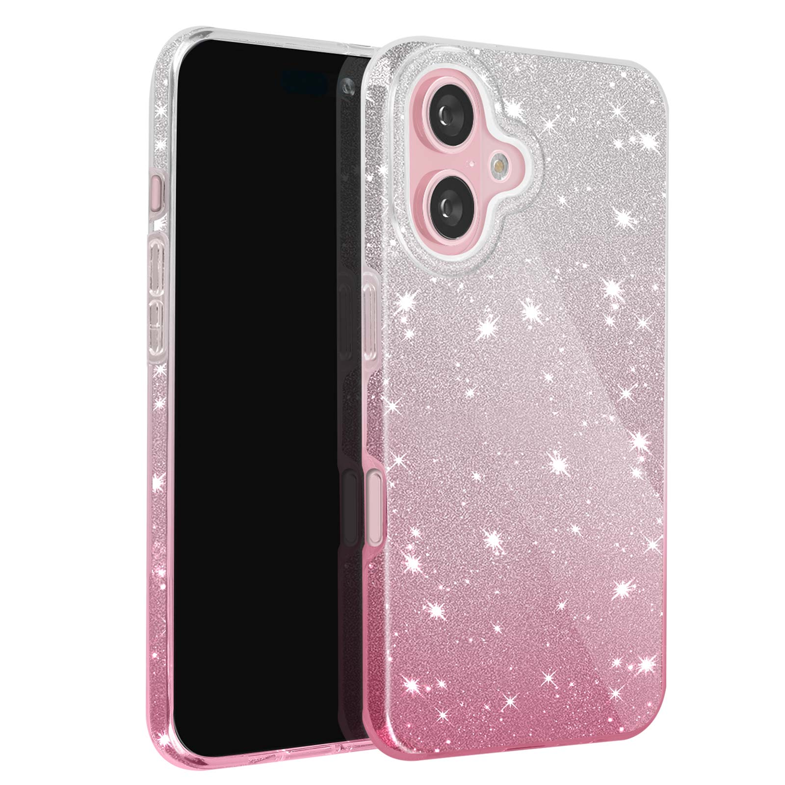 Custodia per telefono rosa e argento glitterata con telefono all'interno. Stelle visibili.