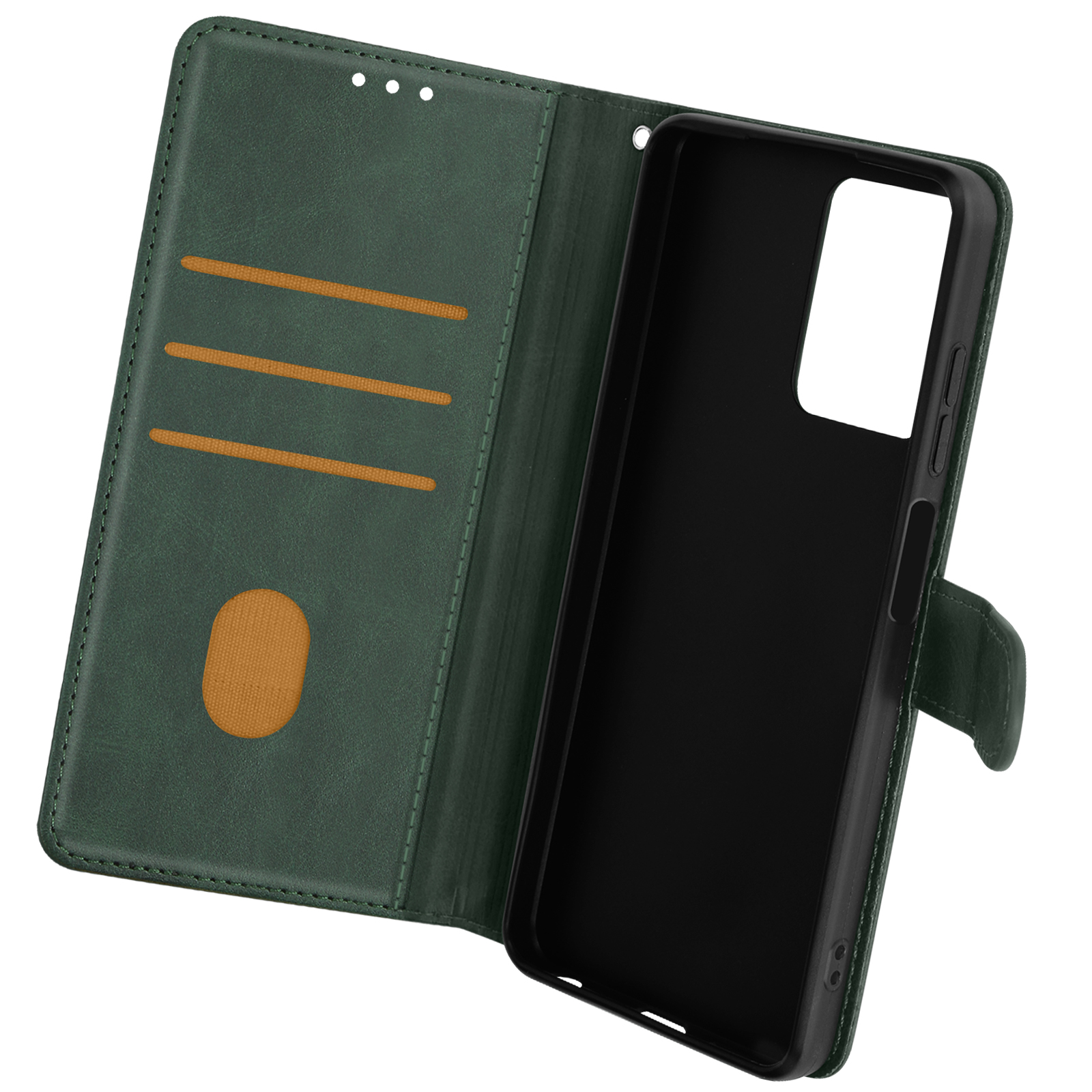 Una custodia verde per telefono aperta, che rivela un inserto per telefono nero. Con fessure per schede.