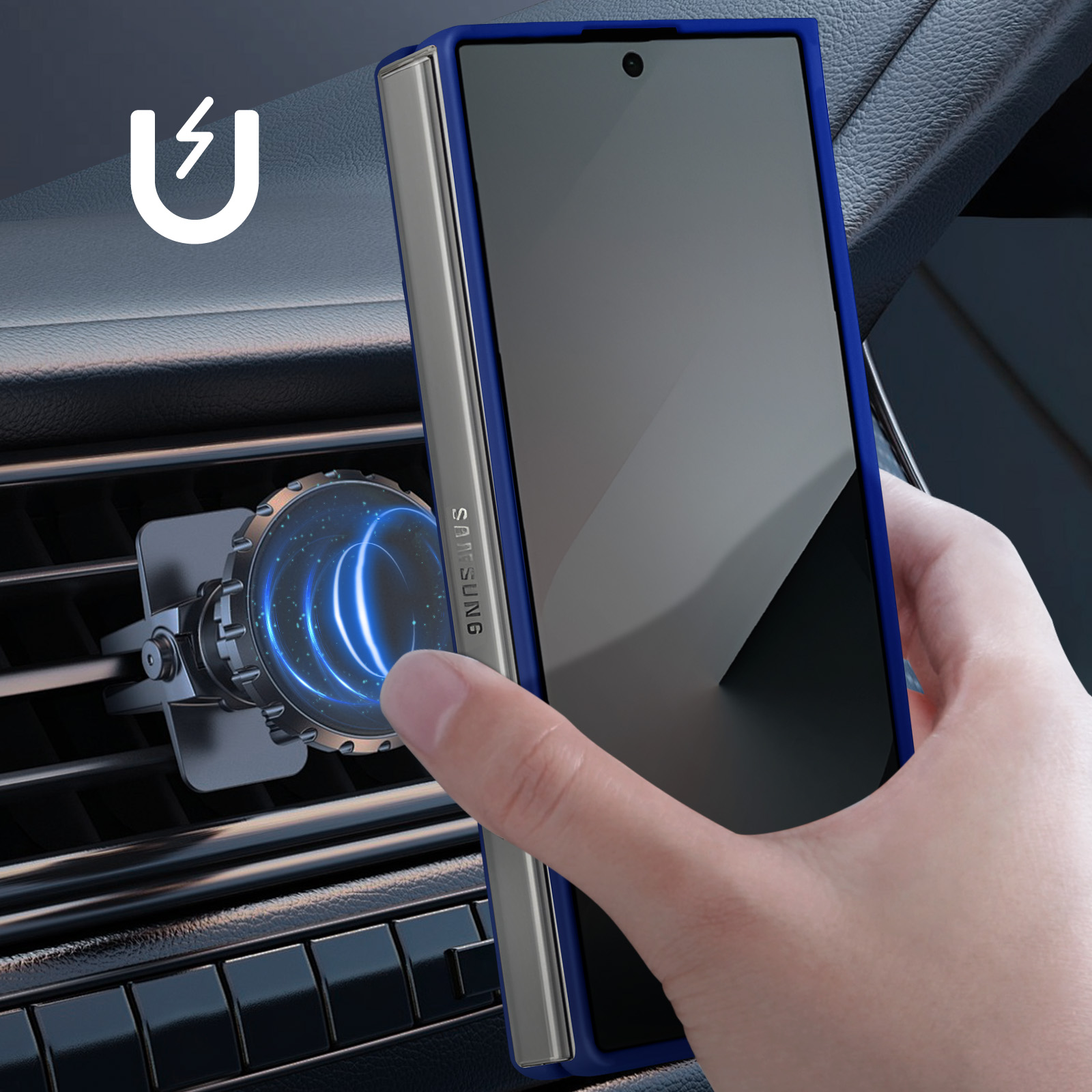 Mano che tiene un telefono in auto. Il telefono è attaccato a un supporto magnetico per auto.