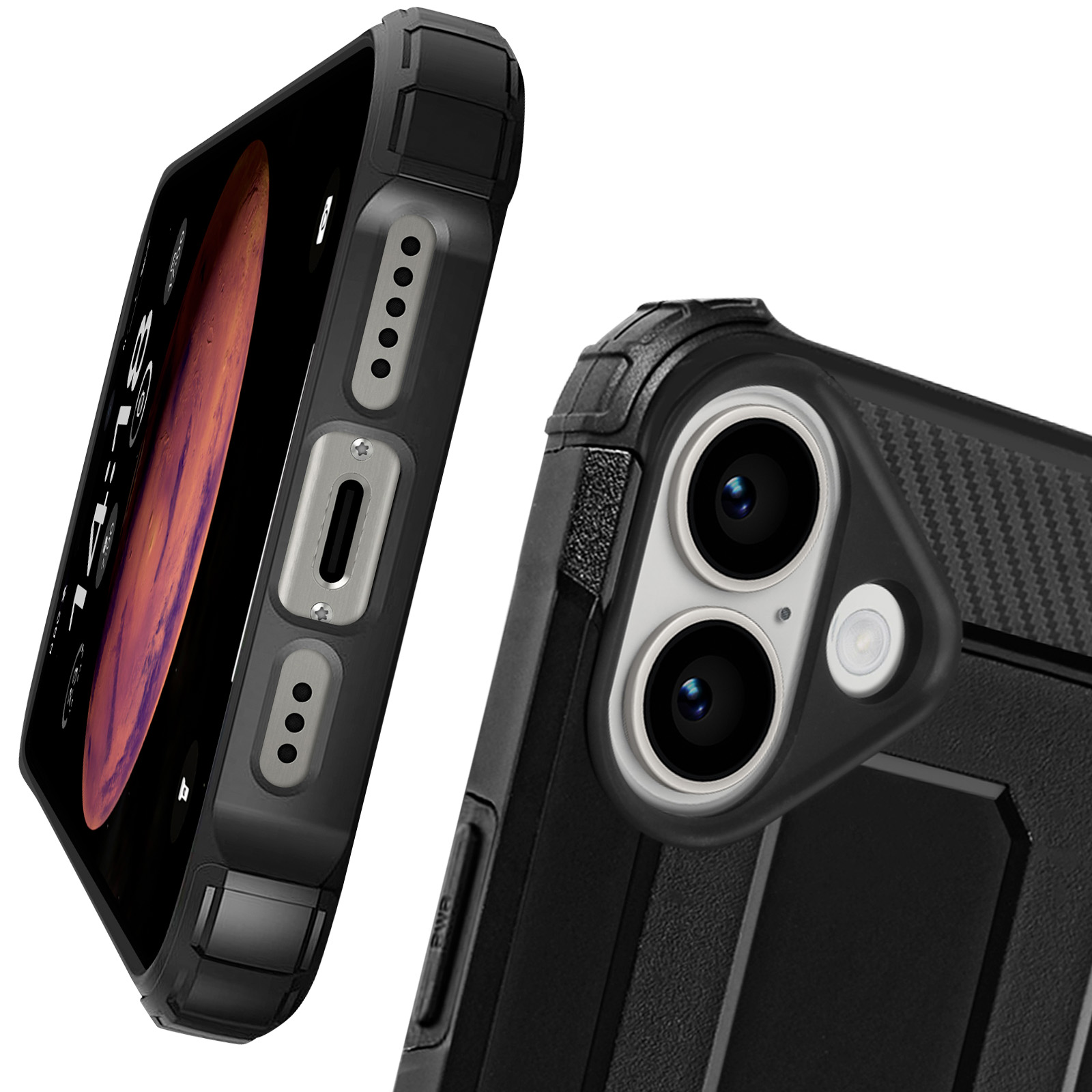 Custodia nera per telefono con telefono all'interno, mostra la fotocamera e i pulsanti laterali.